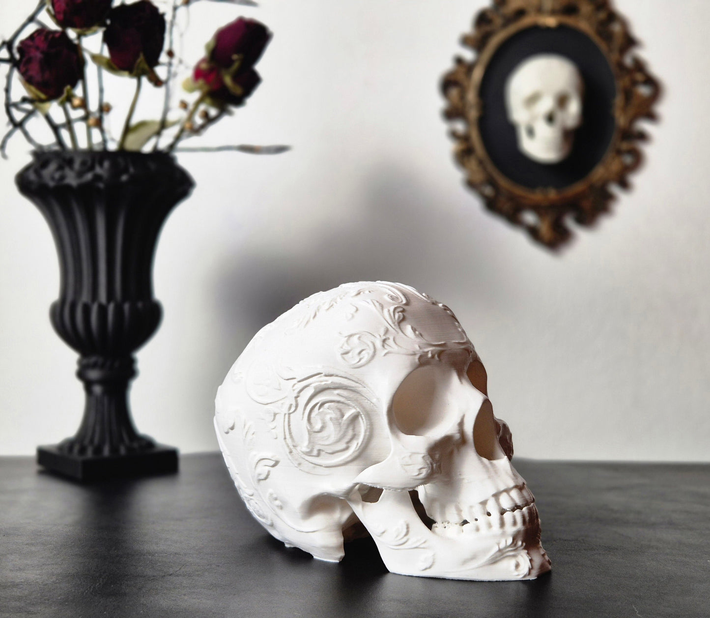 Gothic Baroque Victorian Filigree Skull Replica, Black Human Skull, White Skull, Gold Skull, Silver Skull, Gift for Goth, 3D-PRINTED