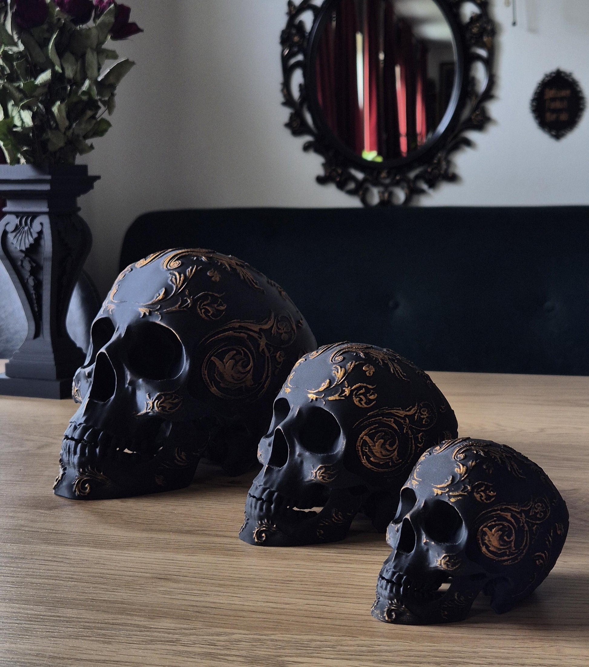 Gothic Baroque Victorian Filigree Skull Replica, Black Human Skull, White Skull, Gold Skull, Silver Skull, Gift for Goth, 3D-PRINTED
