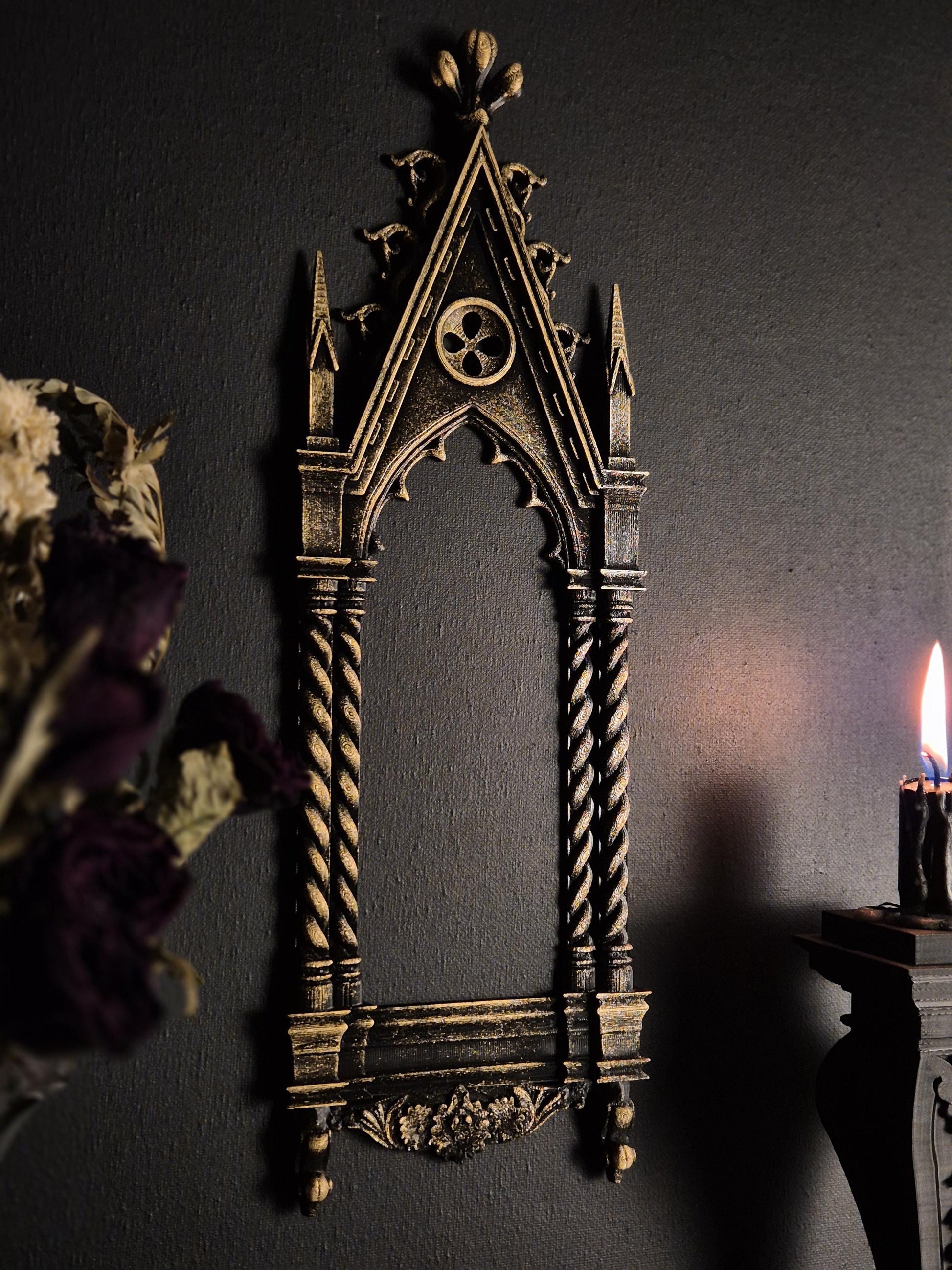 Gothic Cathedral Arch Wall Frame – 3D Printed Window Frame | Gothic Decor, Black or Hand Painted Gold/Silver | Gothic Revival Shelf Accent