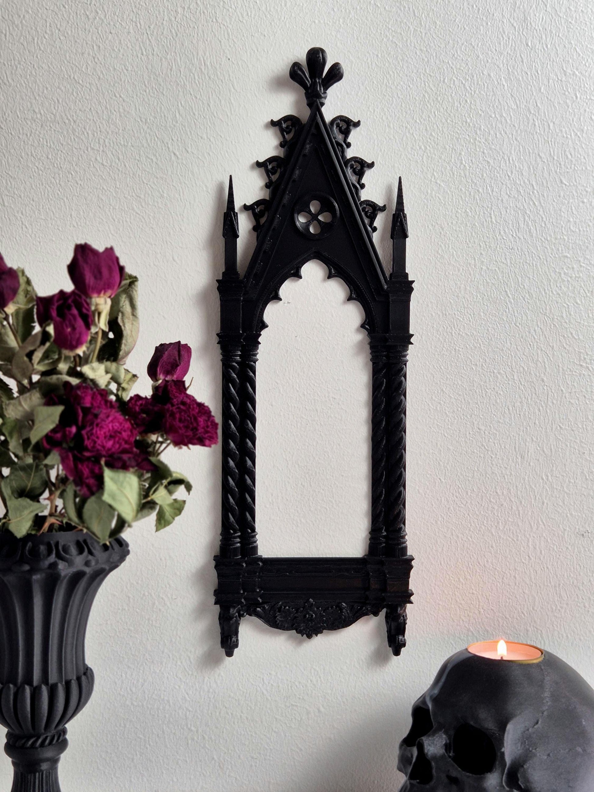 Gothic Cathedral Arch Wall Frame – 3D Printed Window Frame | Gothic Decor, Black or Hand Painted Gold/Silver | Gothic Revival Shelf Accent