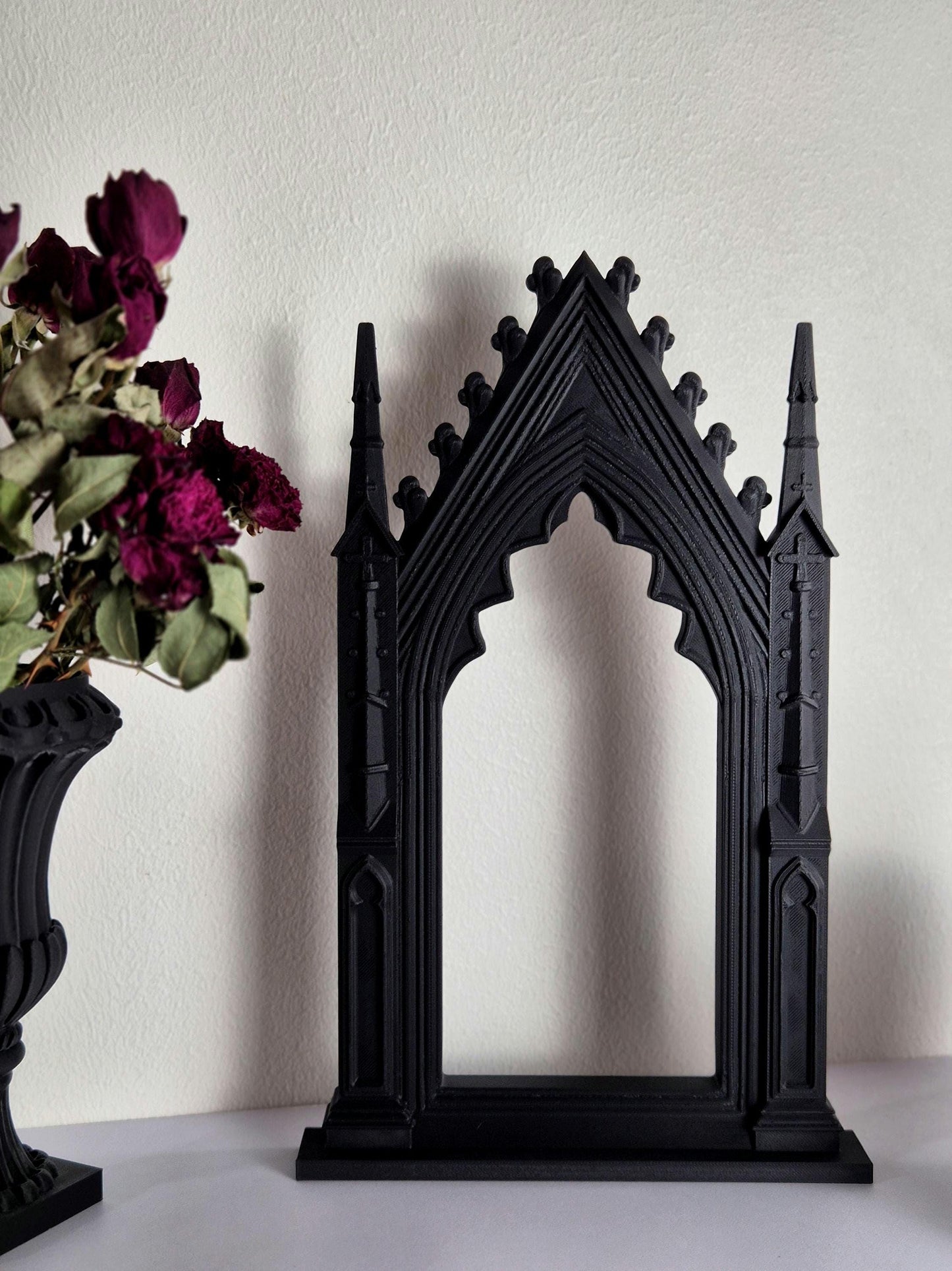 Gothic Cathedral Arch Wall Frame – 3D Printed Window Frame | Gothic Decor, Black or Hand Painted Gold/Silver | Gothic Revival Shelf Accent