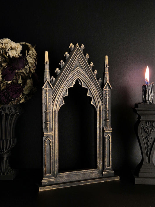 Gothic Cathedral Arch Wall Frame – 3D Printed Window Frame | Gothic Decor, Black or Hand Painted Gold/Silver | Gothic Revival Shelf Accent