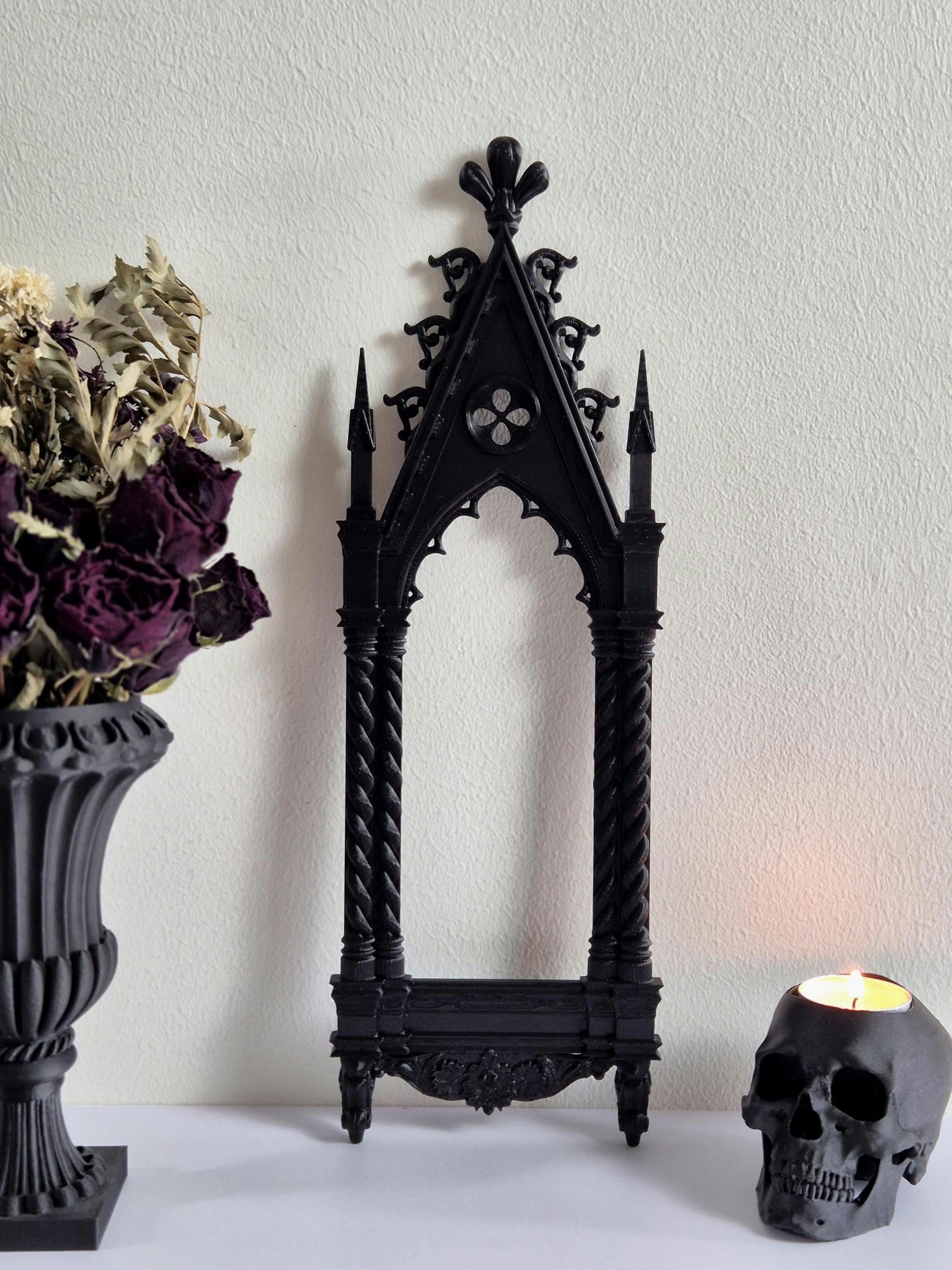 Gothic Cathedral Arch Wall Frame – 3D Printed Window Frame | Gothic Decor, Black or Hand Painted Gold/Silver | Gothic Revival Shelf Accent