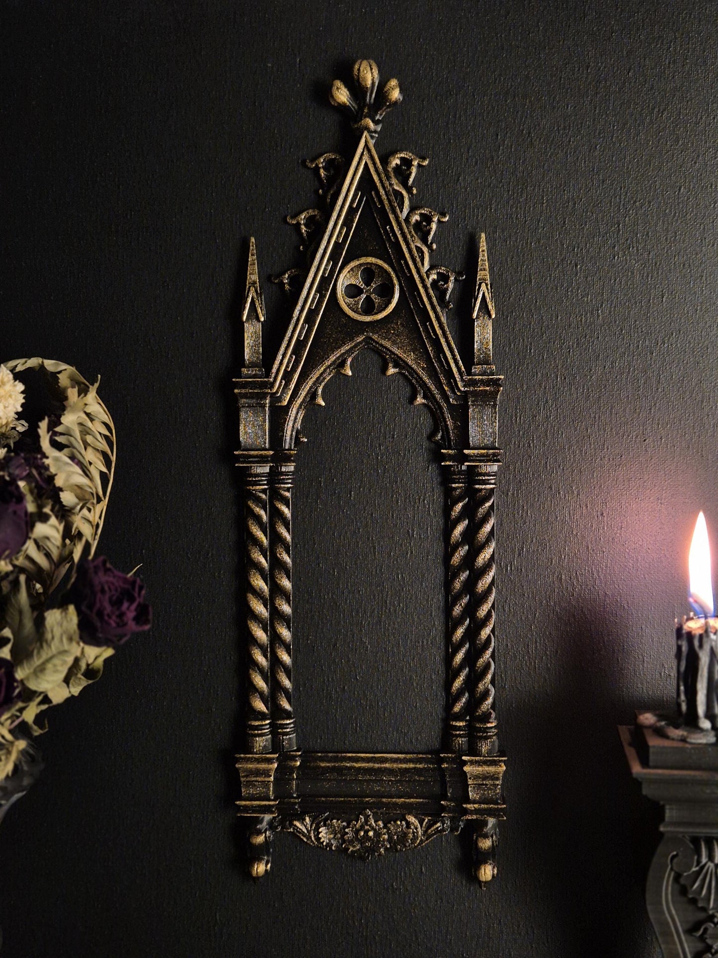 Gothic Cathedral Arch Wall Frame – 3D Printed Window Frame | Gothic Decor, Black or Hand Painted Gold/Silver | Gothic Revival Shelf Accent