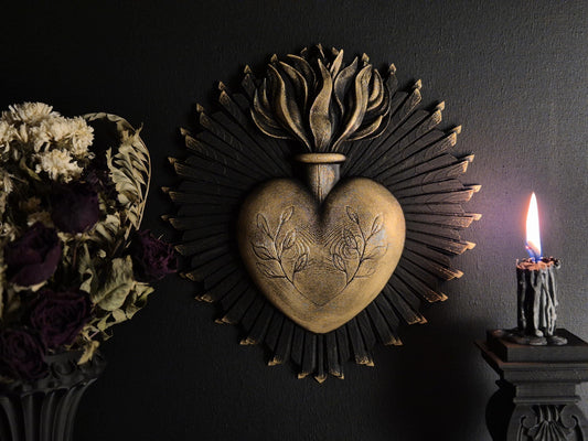 Sacred Heart Gothic Wall Plaque – 3D Printed Dark Religious Decor | Gothic Home Altar Decoration | Black, Gold or Silver Finish