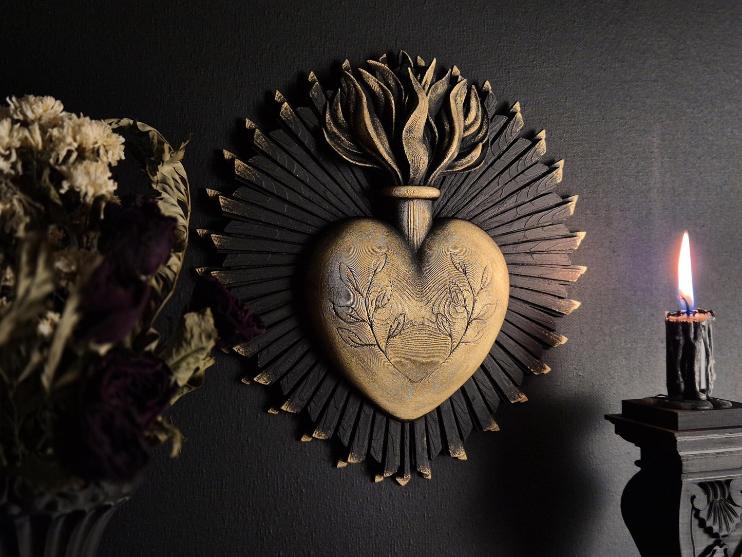 Sacred Heart Gothic Wall Plaque – 3D Printed Dark Religious Decor | Gothic Home Altar Decoration | Black, Gold or Silver Finish