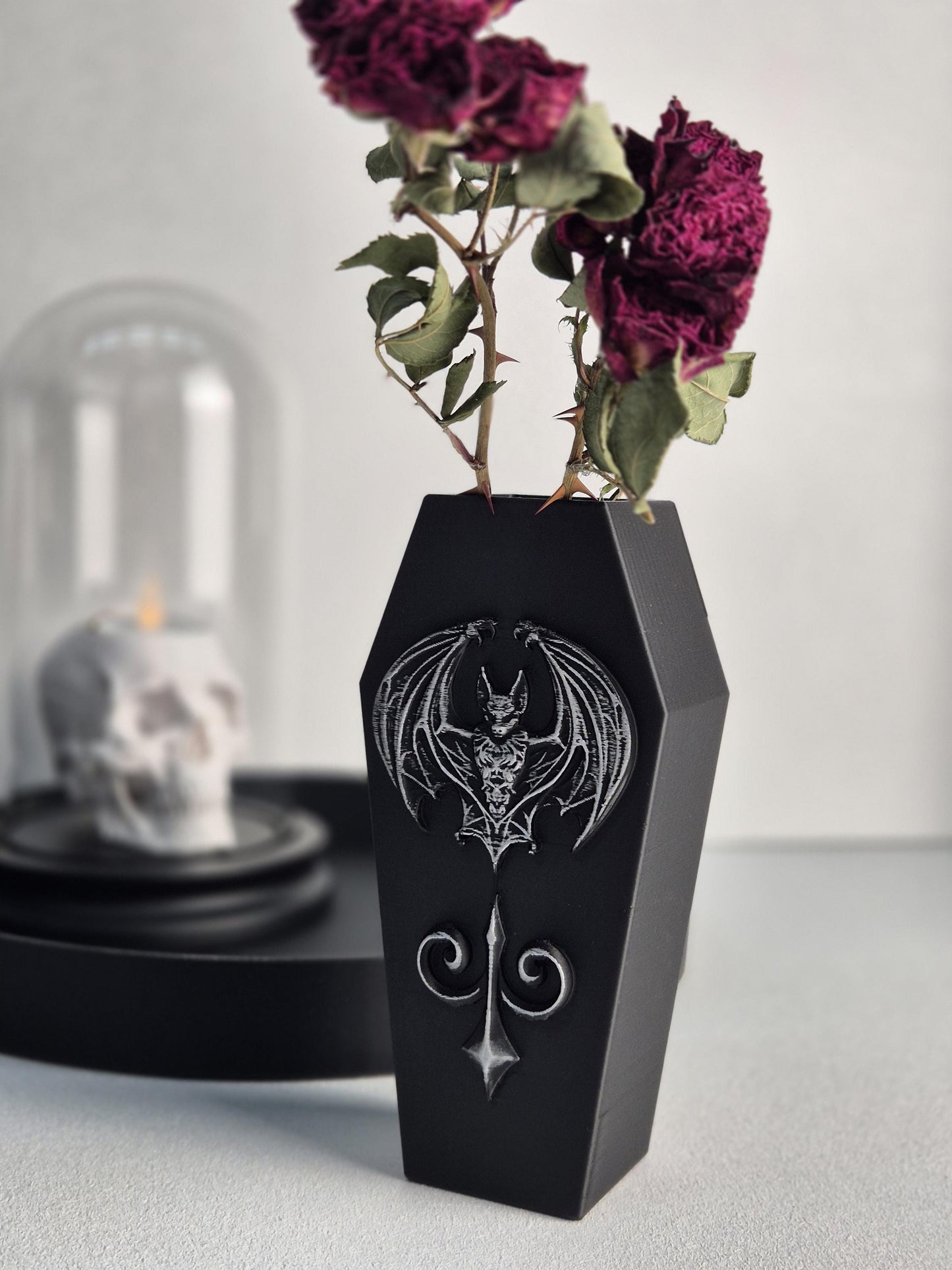 Gothic Coffin Vase with Bat – 3D Printed Goth Witchy Home Decor, Dark Home Decor, Occult Halloween Decoration, Vampire Gothic Gift