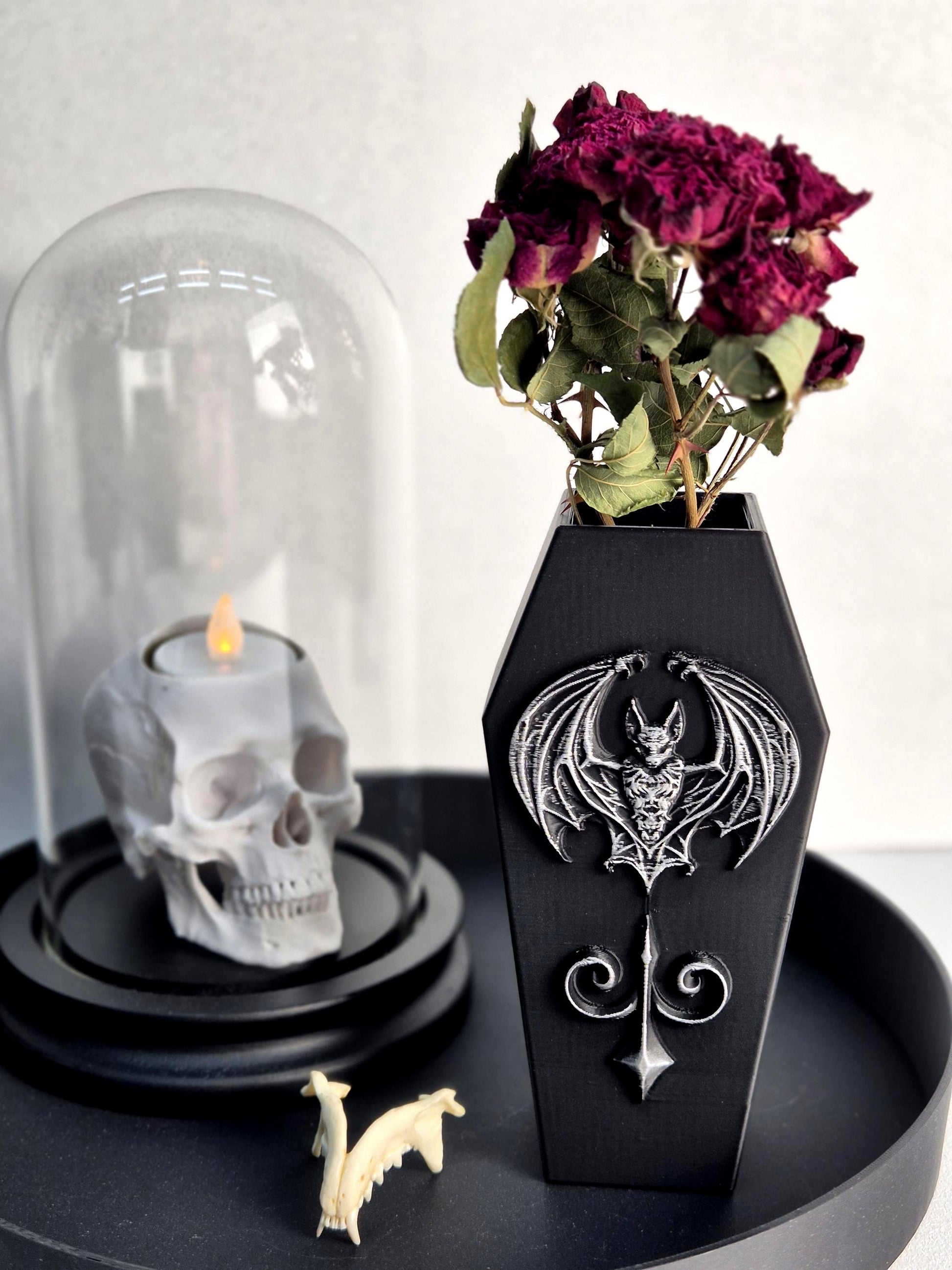 Gothic Coffin Vase with Bat – 3D Printed Goth Witchy Home Decor, Dark Home Decor, Occult Halloween Decoration, Vampire Gothic Gift