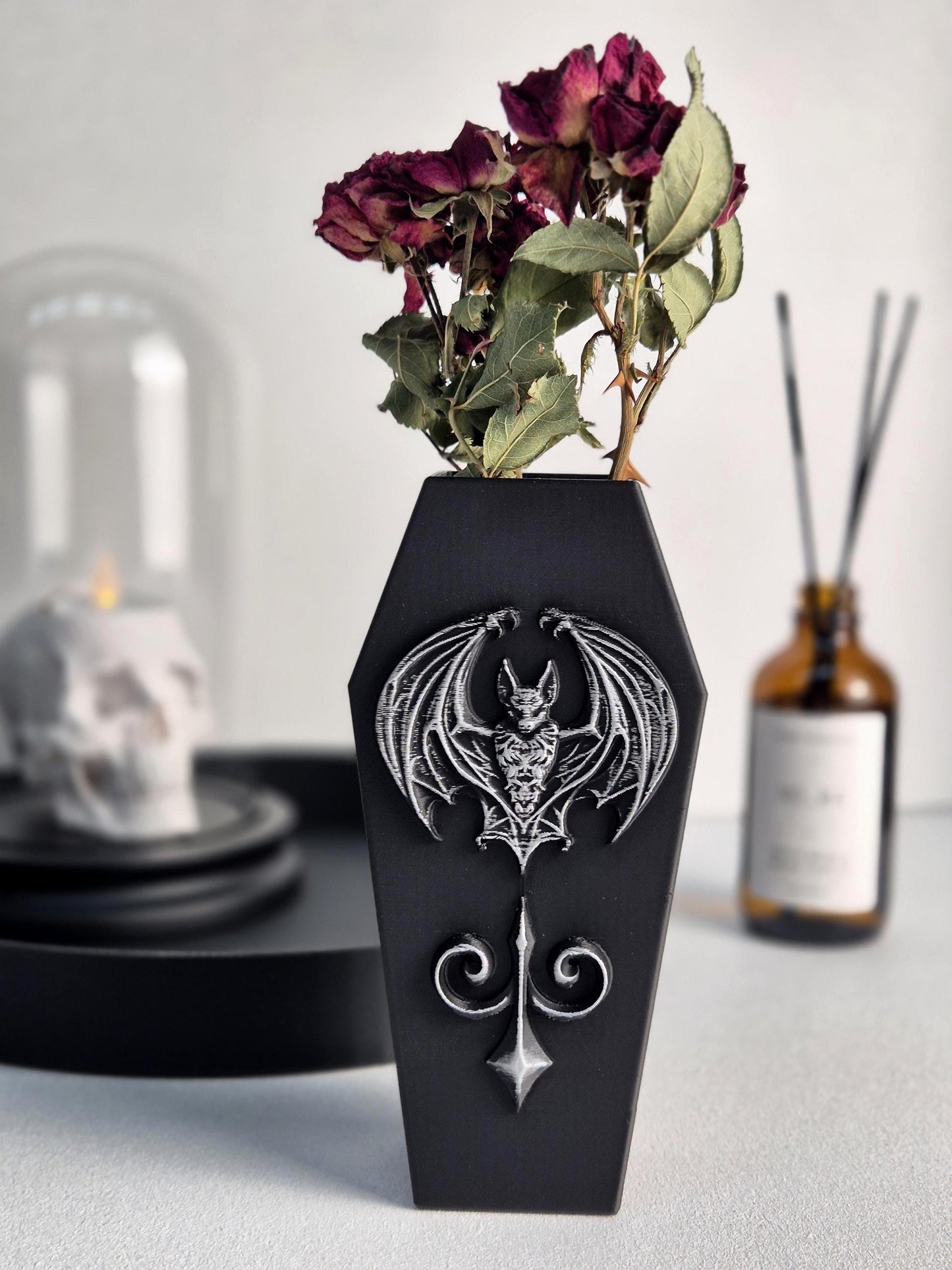 Gothic Coffin Vase with Bat – 3D Printed Goth Witchy Home Decor, Dark Home Decor, Occult Halloween Decoration, Vampire Gothic Gift