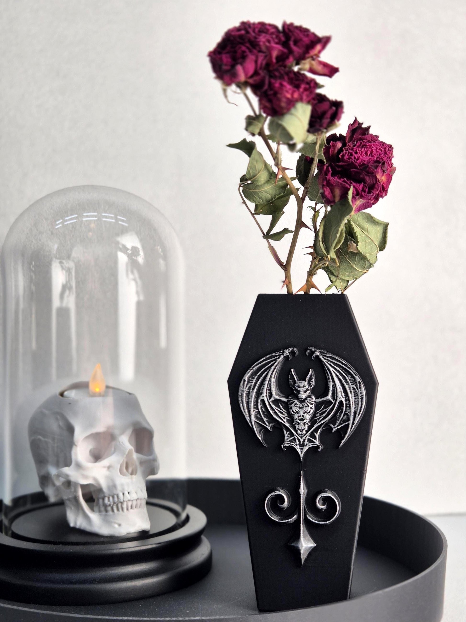Gothic Coffin Vase with Bat – 3D Printed Goth Witchy Home Decor, Dark Home Decor, Occult Halloween Decoration, Vampire Gothic Gift