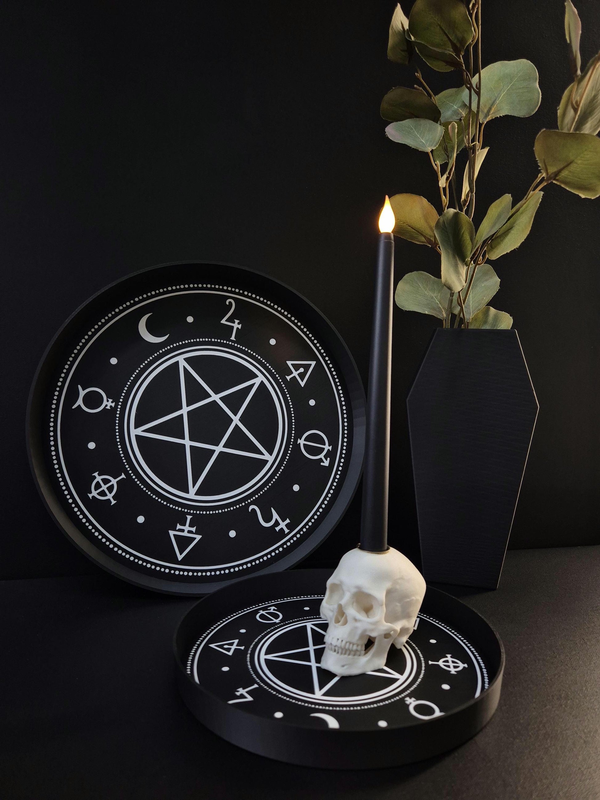 Gothic Pentagram Tray with Occult Symbols – 3D Printed Witchcraft Altar Organiser, Black Round Tray, Dark Home Decor, Wiccan Gift