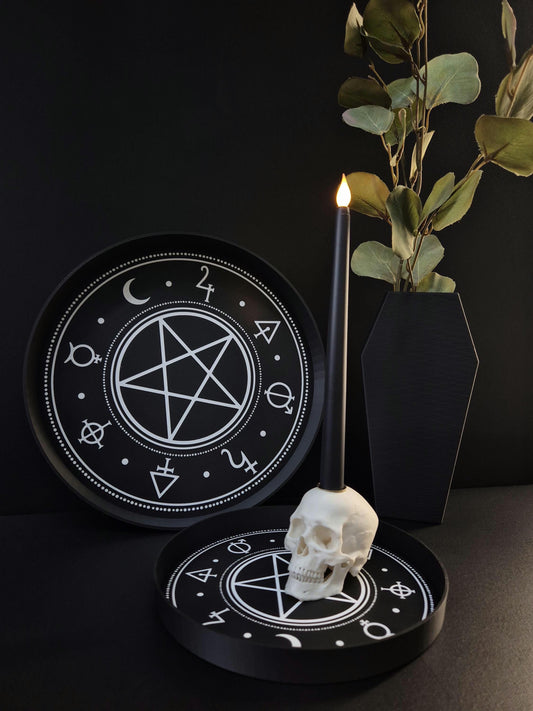 Gothic Pentagram Tray with Occult Symbols – 3D Printed Witchcraft Altar Organiser, Black Round Tray, Dark Home Decor, Wiccan Gift