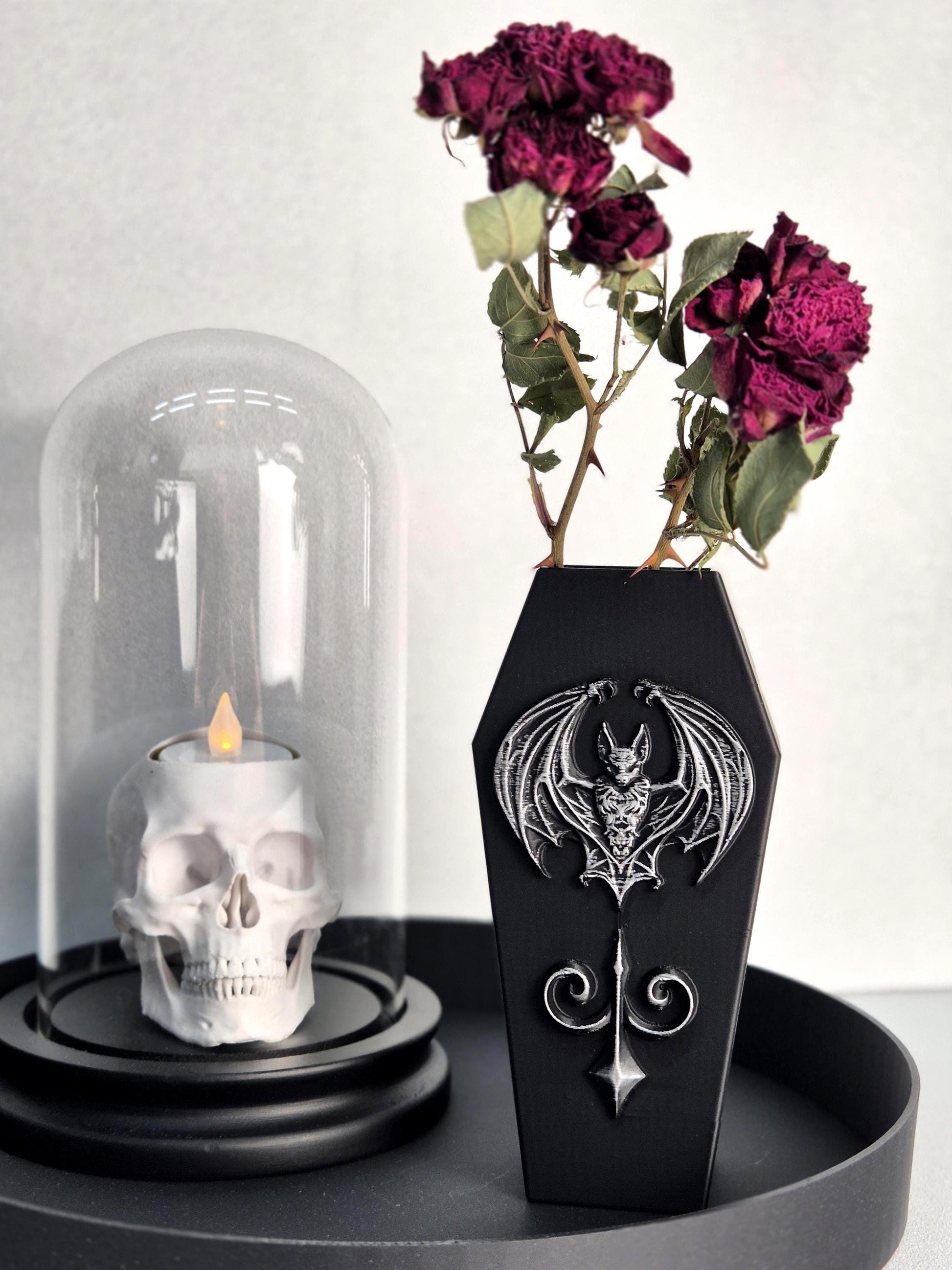 Gothic Coffin Vase with Bat – 3D Printed Goth Witchy Home Decor, Dark Home Decor, Occult Halloween Decoration, Vampire Gothic Gift