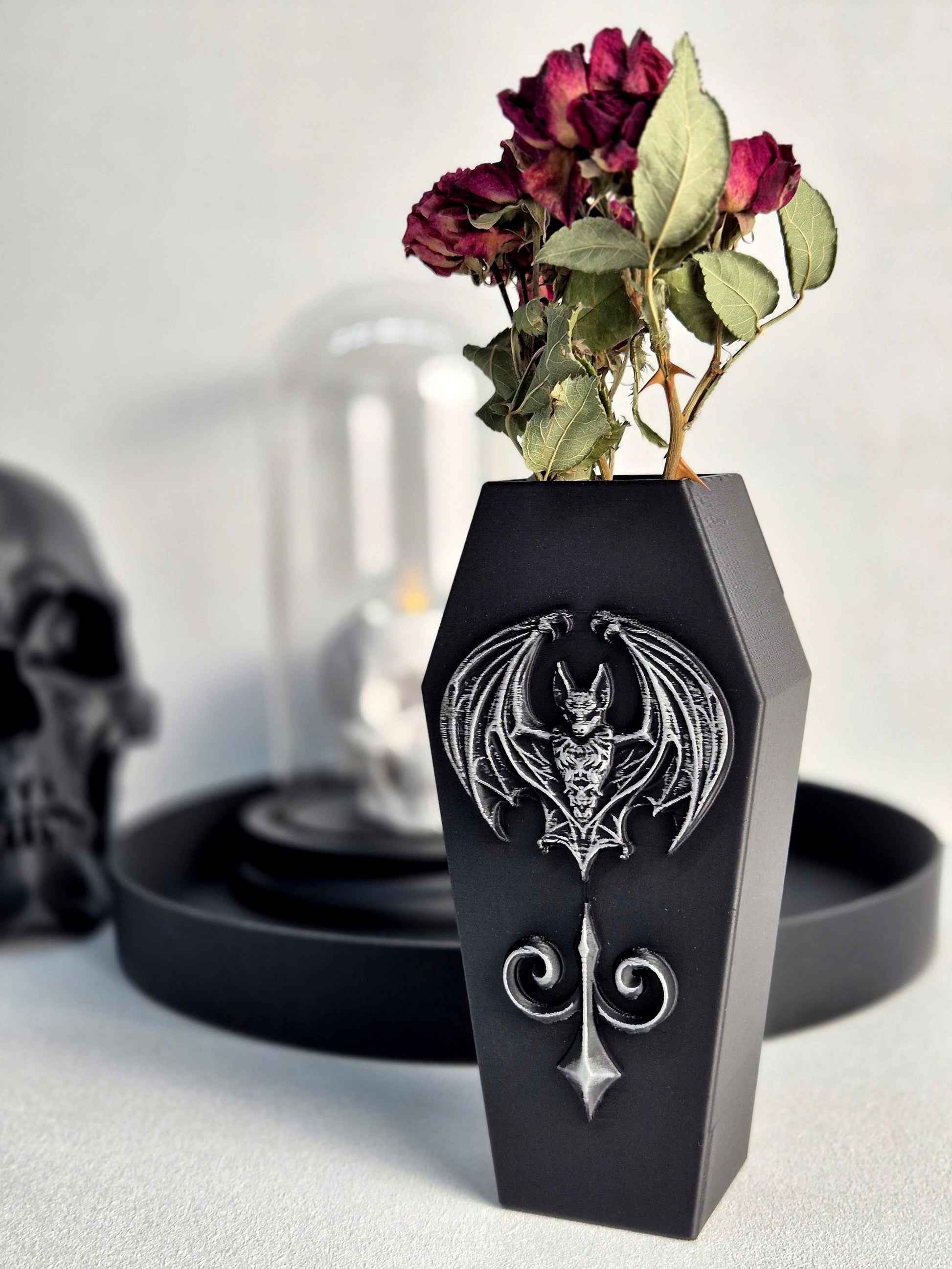 Gothic Coffin Vase with Bat – 3D Printed Goth Witchy Home Decor, Dark Home Decor, Occult Halloween Decoration, Vampire Gothic Gift