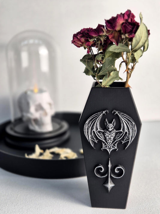 Gothic Coffin Vase with Bat – 3D Printed Goth Witchy Home Decor, Dark Home Decor, Occult Halloween Decoration, Vampire Gothic Gift