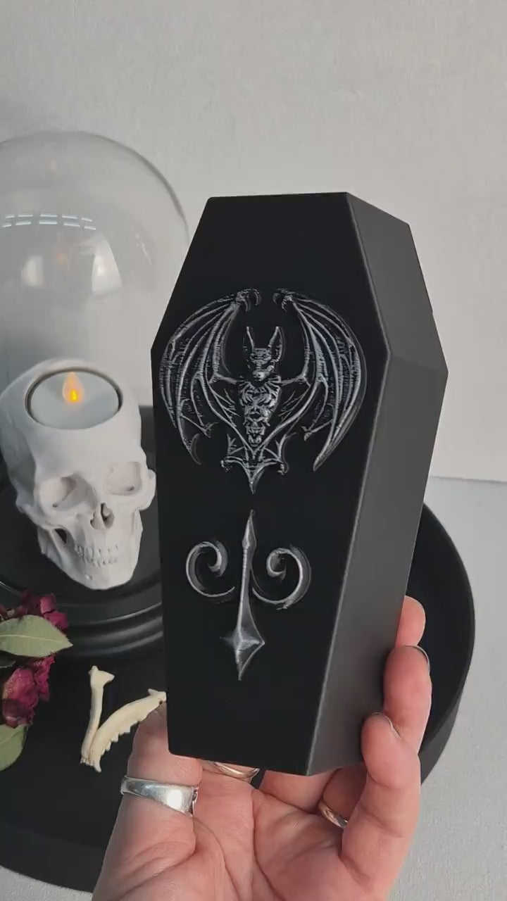 Gothic Coffin Vase with Bat – 3D Printed Goth Witchy Home Decor, Dark Home Decor, Occult Halloween Decoration, Vampire Gothic Gift