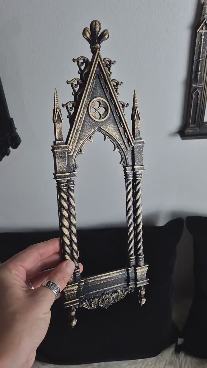 Gothic Cathedral Arch Wall Frame – 3D Printed Window Frame | Gothic Decor, Black or Hand Painted Gold/Silver | Gothic Revival Shelf Accent