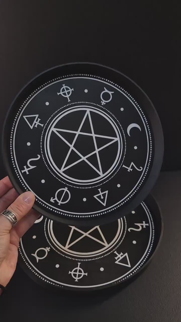 Gothic Pentagram Tray with Occult Symbols – 3D Printed Witchcraft Altar Organiser, Black Round Tray, Dark Home Decor, Wiccan Gift