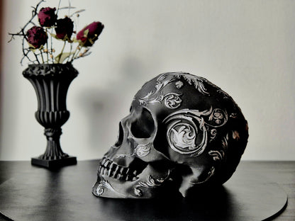Gothic Baroque Victorian Filigree Skull Replica, Black Human Skull, White Skull, Gold Skull, Silver Skull, Gift for Goth, 3D-PRINTED