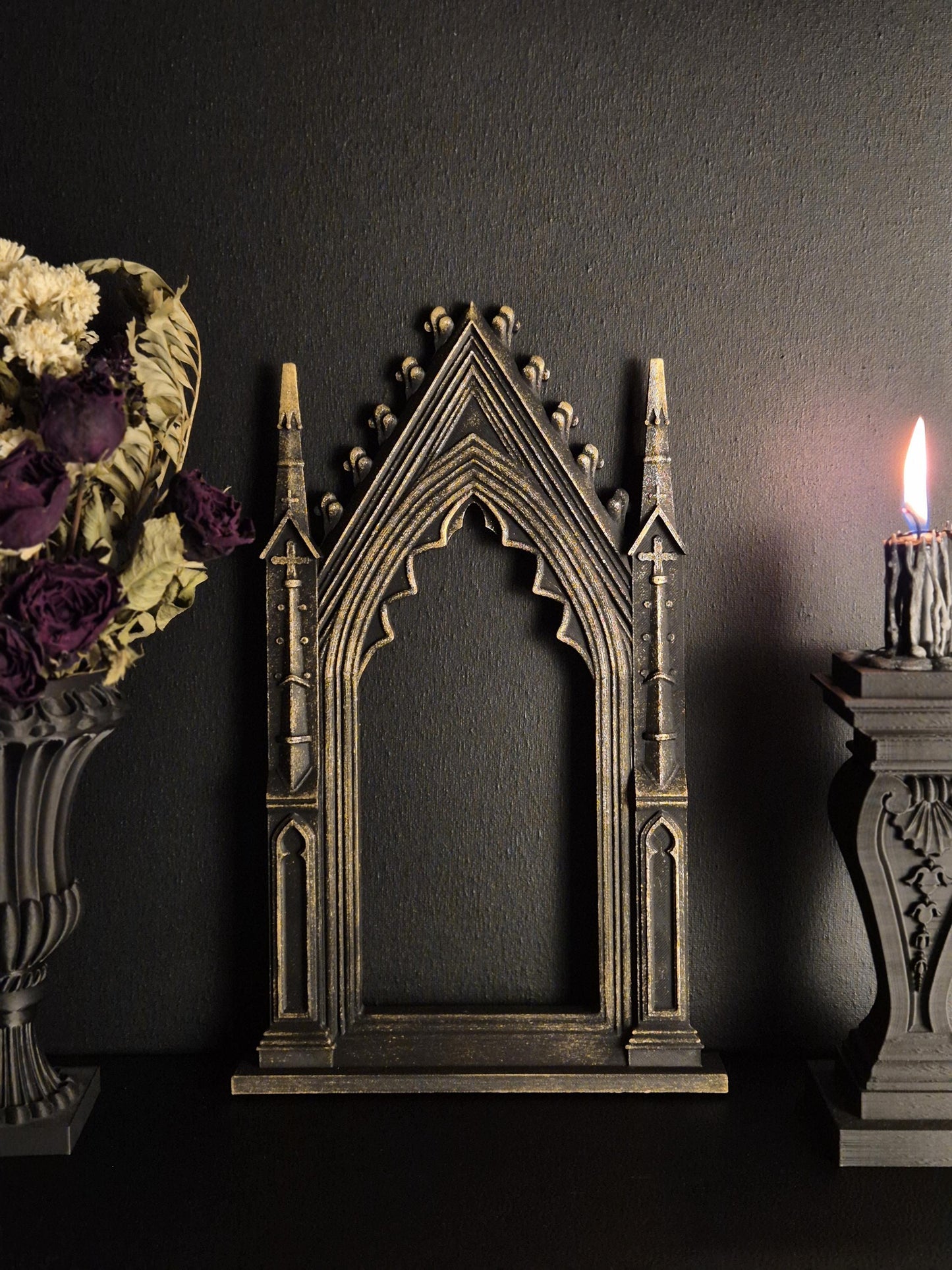 Gothic Cathedral Arch Wall Frame – 3D Printed Window Frame | Gothic Decor, Black or Hand Painted Gold/Silver | Gothic Revival Shelf Accent
