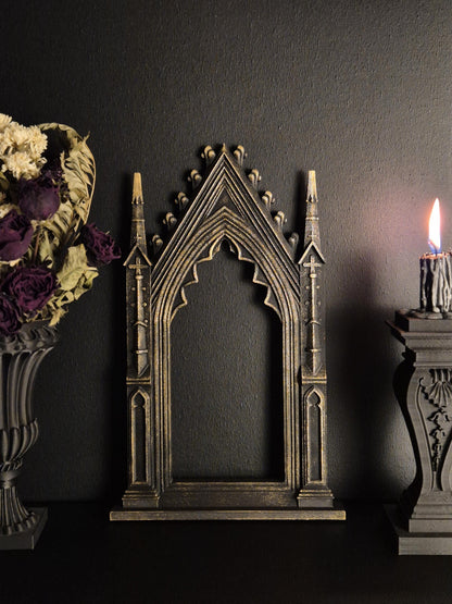 Gothic Cathedral Arch Wall Frame – 3D Printed Window Frame | Gothic Decor, Black or Hand Painted Gold/Silver | Gothic Revival Shelf Accent