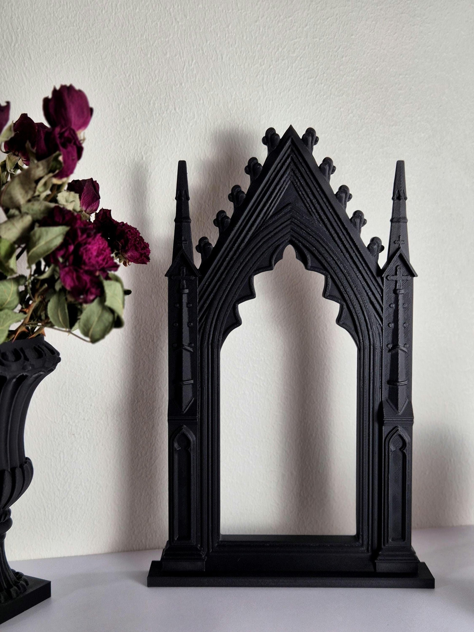 Gothic Cathedral Arch Wall Frame – 3D Printed Window Frame | Gothic Decor, Black or Hand Painted Gold/Silver | Gothic Revival Shelf Accent