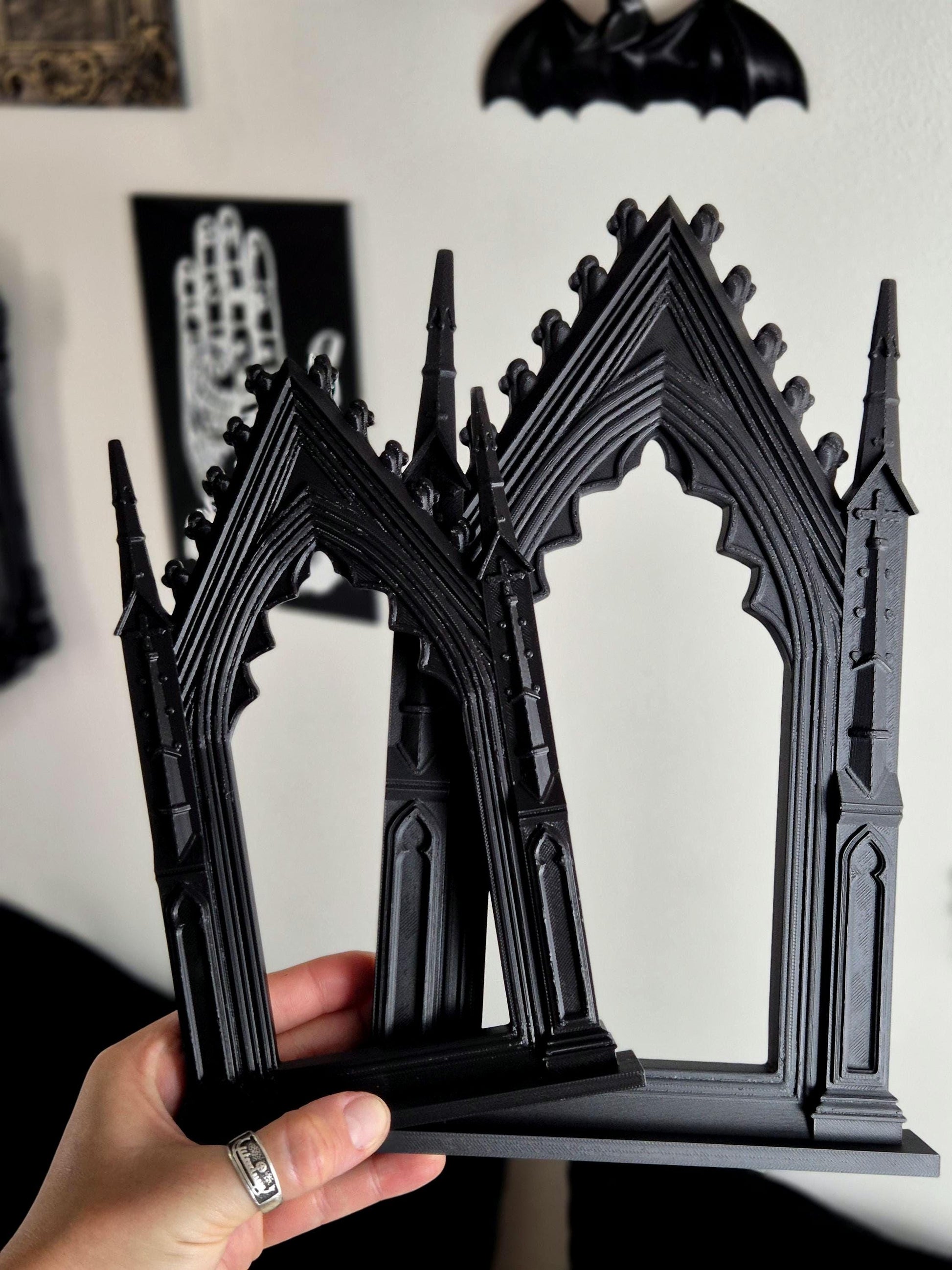 Gothic Cathedral Arch Wall Frame – 3D Printed Window Frame | Gothic Decor, Black or Hand Painted Gold/Silver | Gothic Revival Shelf Accent