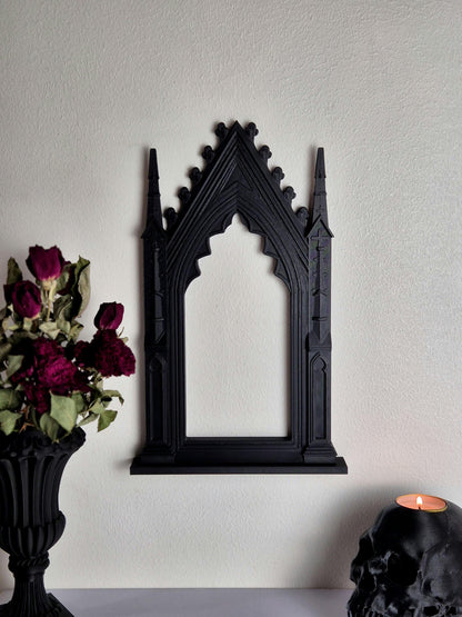 Gothic Cathedral Arch Wall Frame – 3D Printed Window Frame | Gothic Decor, Black or Hand Painted Gold/Silver | Gothic Revival Shelf Accent