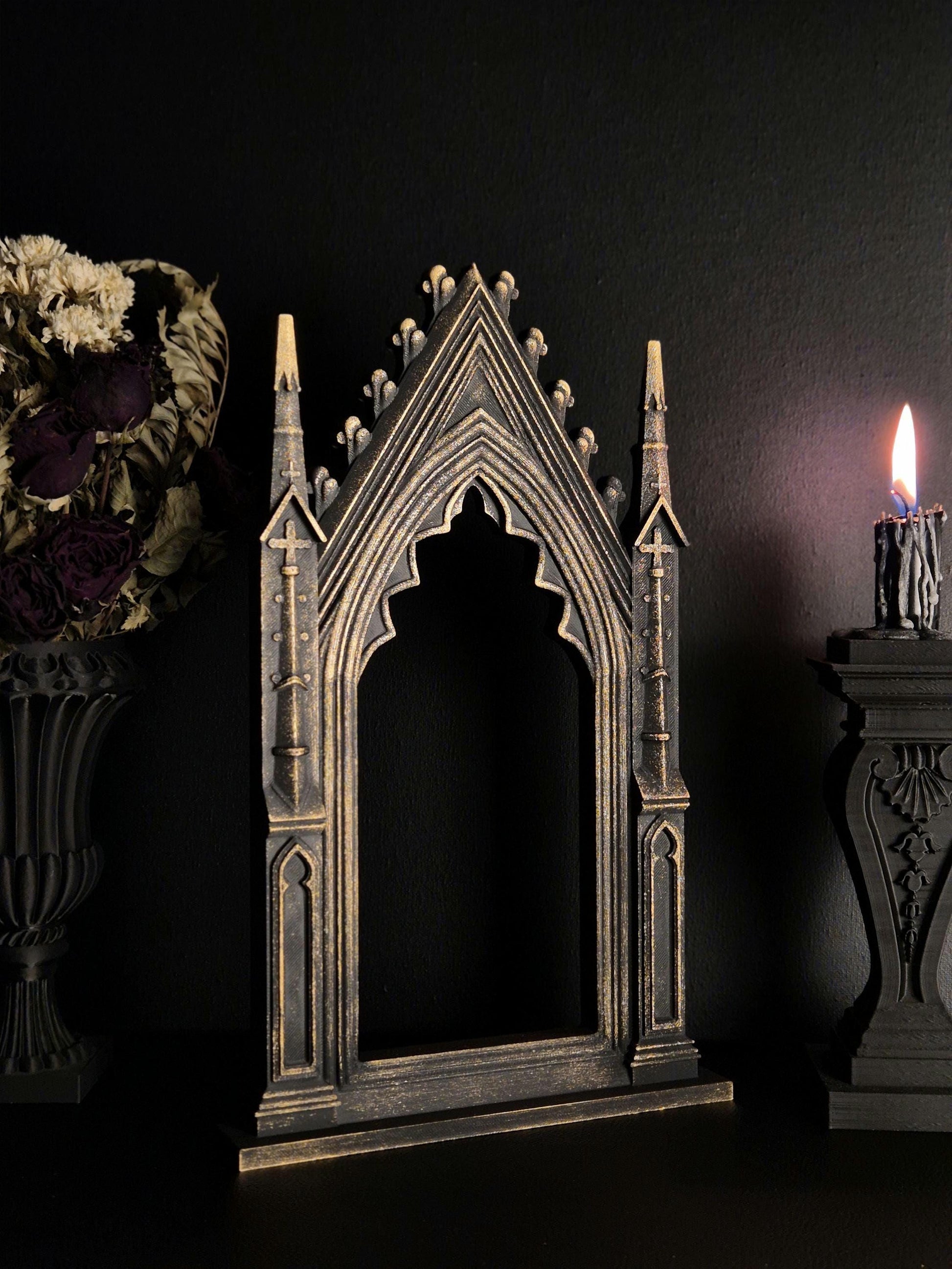 Gothic Cathedral Arch Wall Frame – 3D Printed Window Frame | Gothic Decor, Black or Hand Painted Gold/Silver | Gothic Revival Shelf Accent