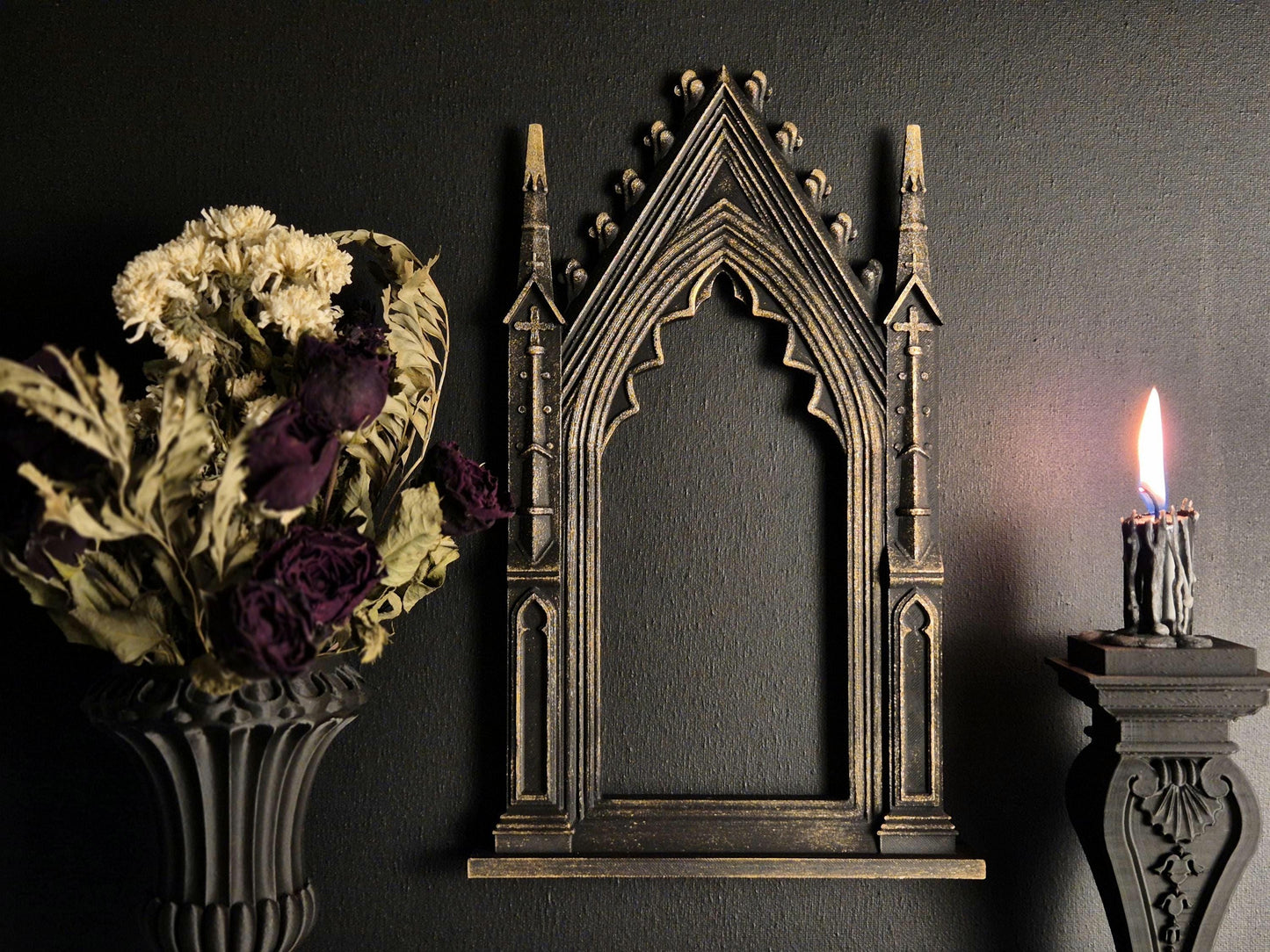 Gothic Cathedral Arch Wall Frame – 3D Printed Window Frame | Gothic Decor, Black or Hand Painted Gold/Silver | Gothic Revival Shelf Accent