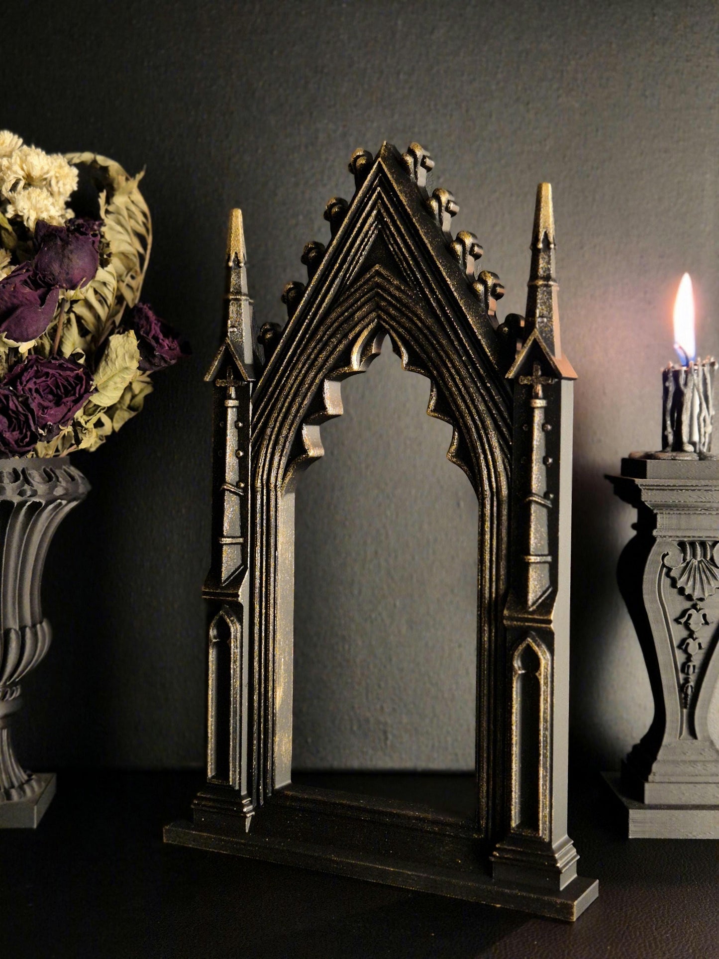 Gothic Cathedral Arch Wall Frame – 3D Printed Window Frame | Gothic Decor, Black or Hand Painted Gold/Silver | Gothic Revival Shelf Accent
