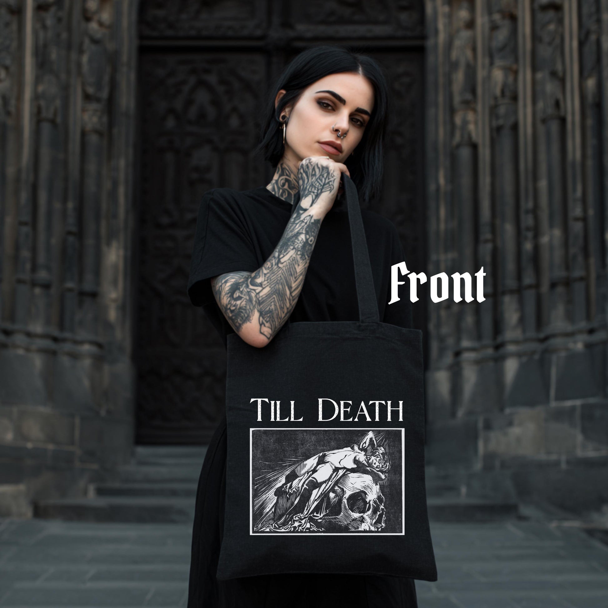 Gothic Tote Bag “Till Death” – Dark Academia Cotton Tote with Vintage Art Print– Victorian Macabre Canvas Bag – Gothic Gift