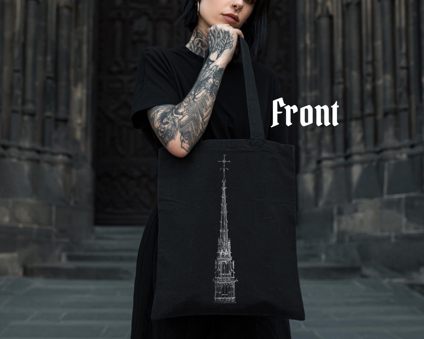 Cathedral Spire Tote Bag – Gothic Architecture Canvas Tote – Dark Aesthetic Bag – Architectural Art Print