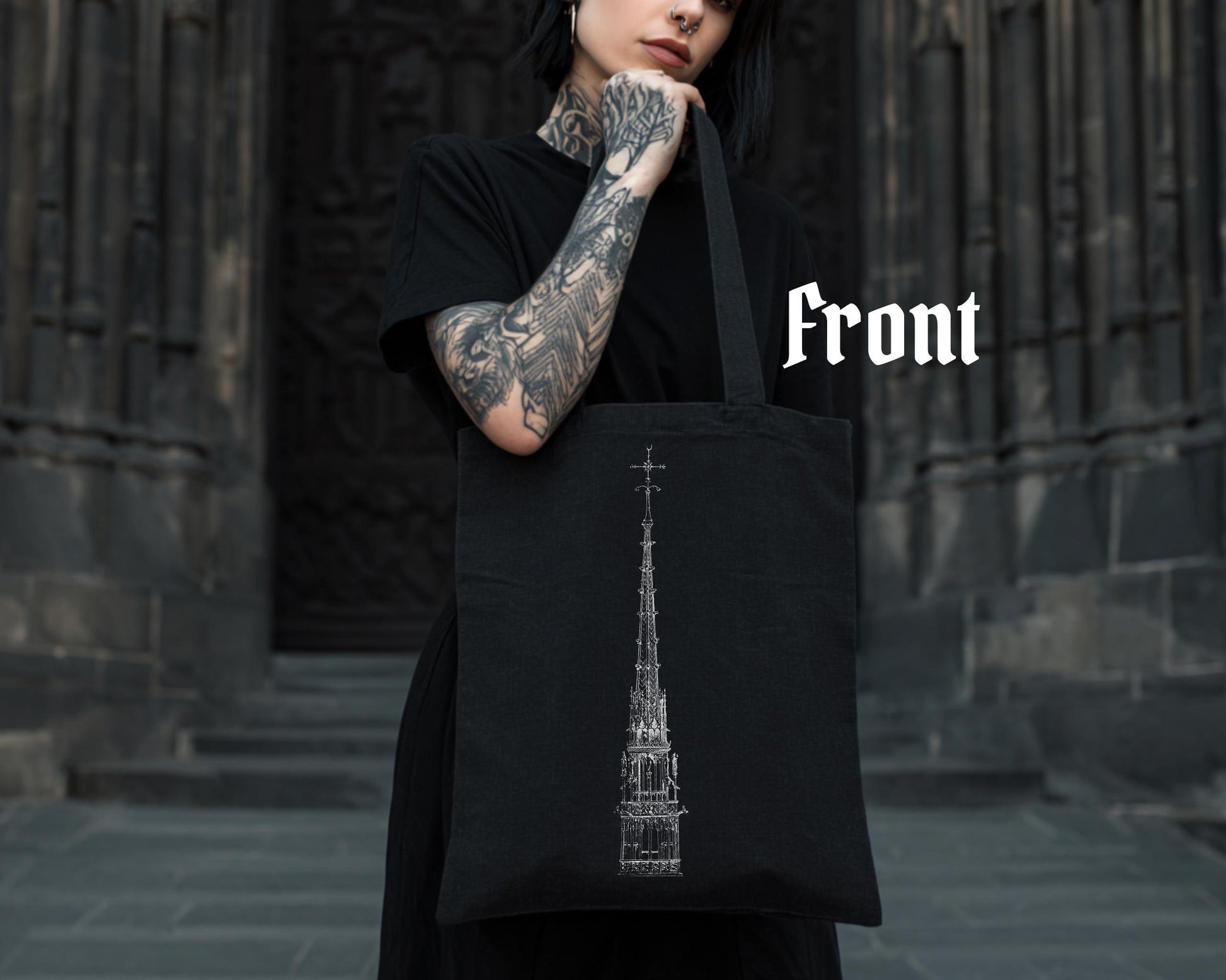 Cathedral Spire Tote Bag – Gothic Architecture Canvas Tote – Dark Aesthetic Bag – Architectural Art Print