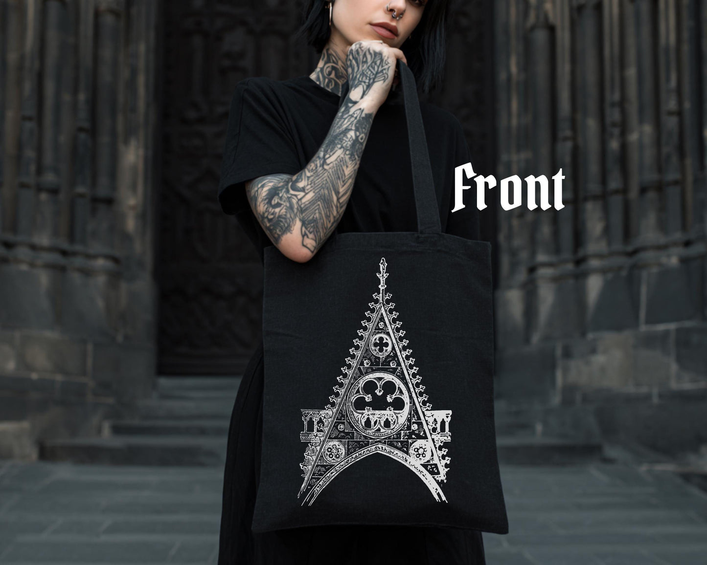 Gable at Notre Dame de Paris Tote Bag – Gothic Architecture Canvas Tote – Dark Aesthetic Bag – Architectural Art Print