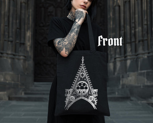 Gable at Notre Dame de Paris Tote Bag – Gothic Architecture Canvas Tote – Dark Aesthetic Bag – Architectural Art Print