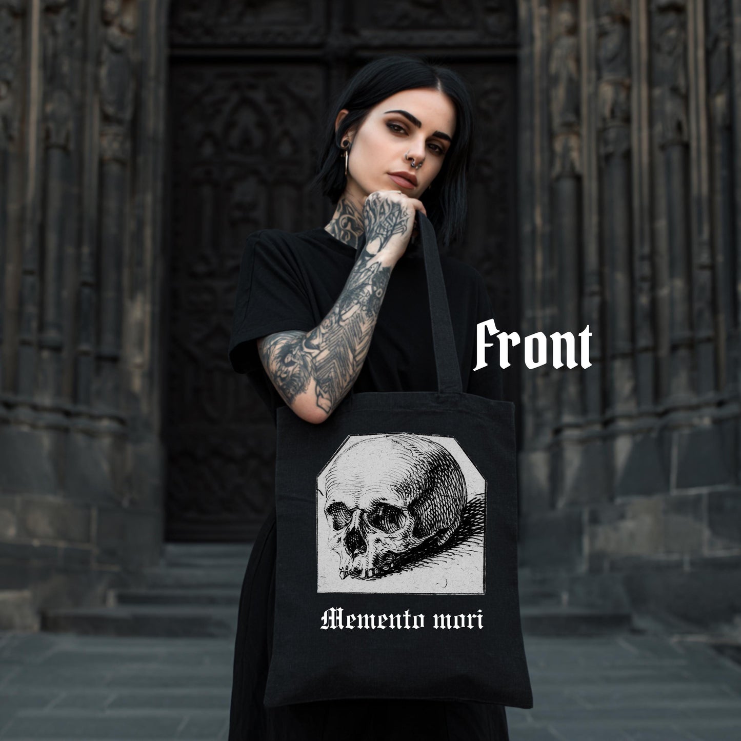 Gothic Tote Bag “Memento Mori” – Dark Academia Cotton Tote with Vintage Art Print– Victorian Macabre Canvas Bag – Gothic Gift