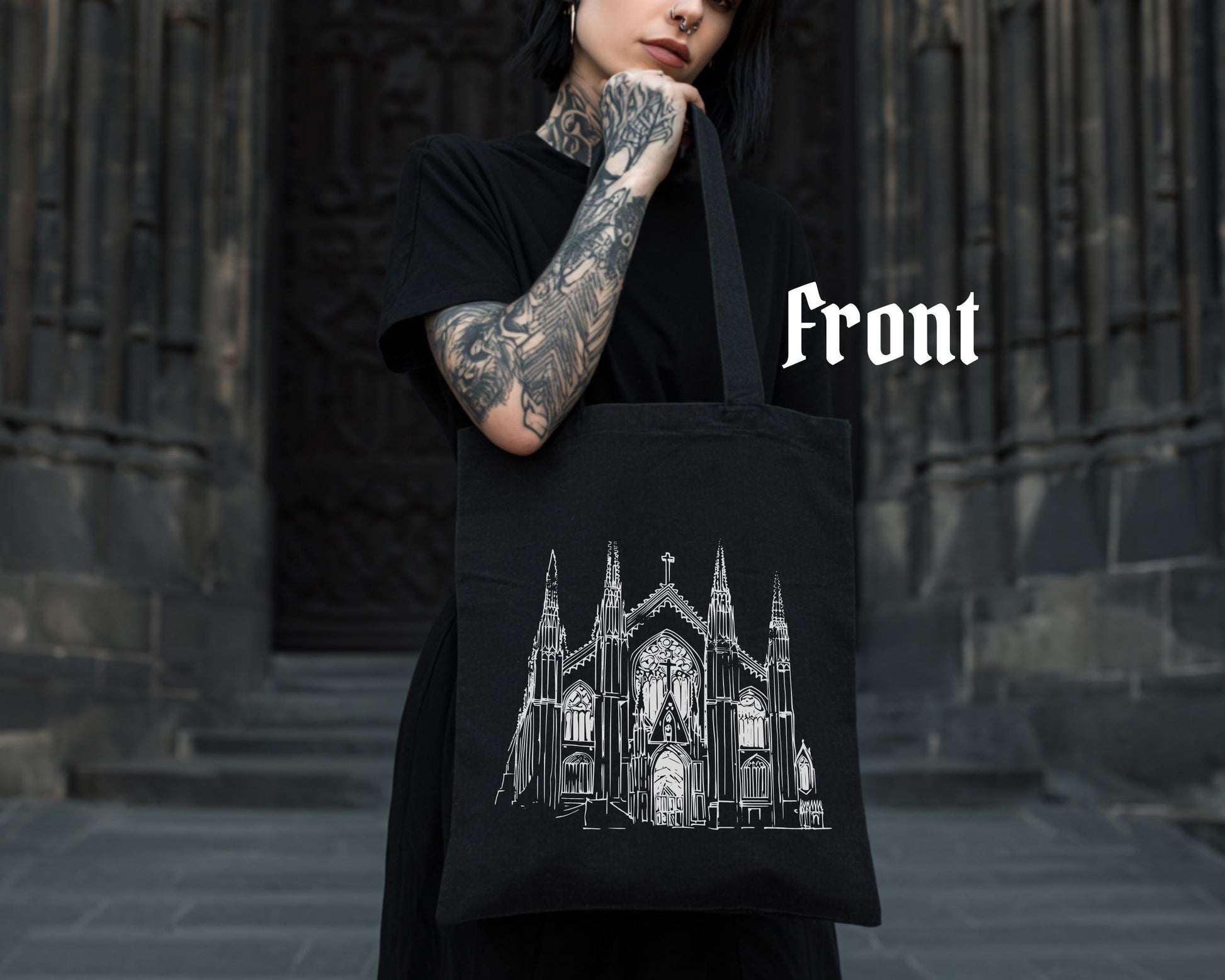 Gothic Cathedral Tote Bag V2 – Gothic Architecture Canvas Tote – Dark Aesthetic Bag – Architectural Art Print