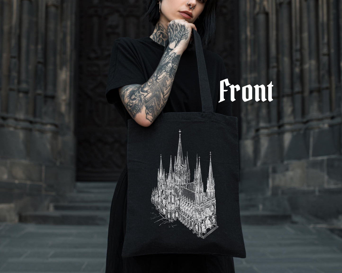 Cathedral Tote Bag V3 – Gothic Architecture Canvas Tote – Dark Aesthetic Bag – Architectural Art Print