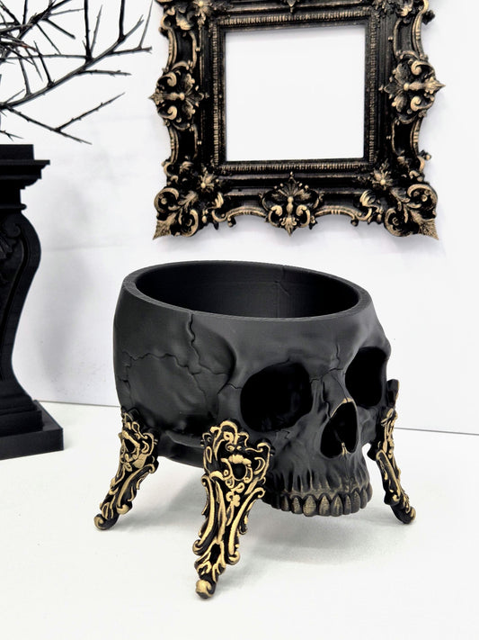 Gothic Skull Bowl, Baroque Rococo Trinket Dish, Black Gold 3D Printed Skull Decor, Dark Jewelry Holder