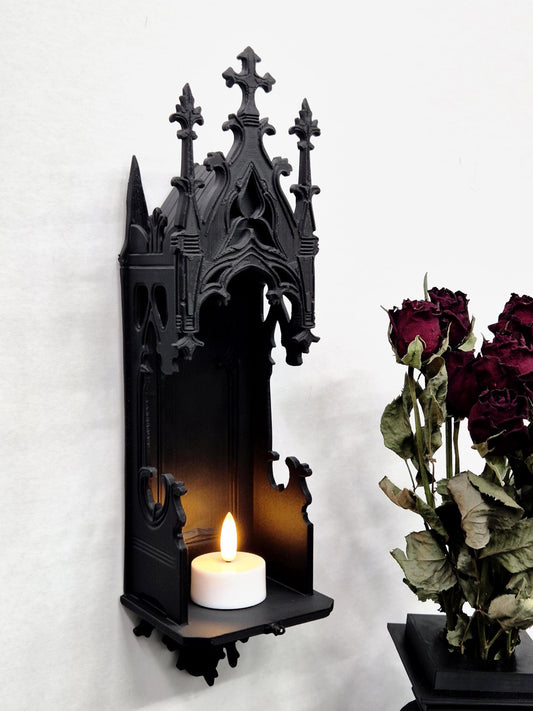 Gothic Wall Candle Holder, Cathedral Arch Altar Shelf, Black 3D Printed LED Tealight Sconce, Witchy Home Decor