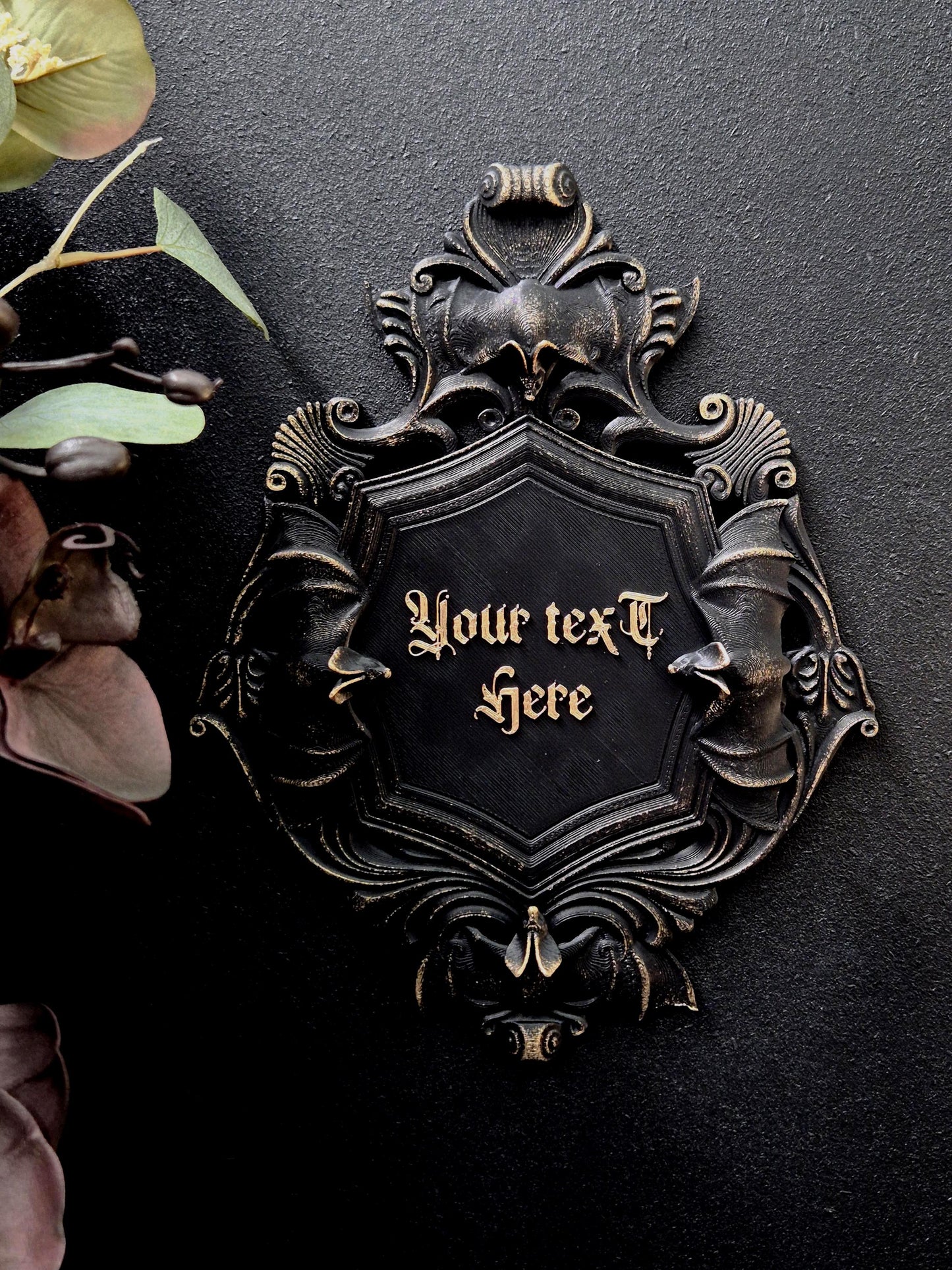 Custom Gothic Wall Plaque, Personalized 3D Printed Dark Home Decor, Victorian Bat Frame, Gothic Name Sign, Goth Gift