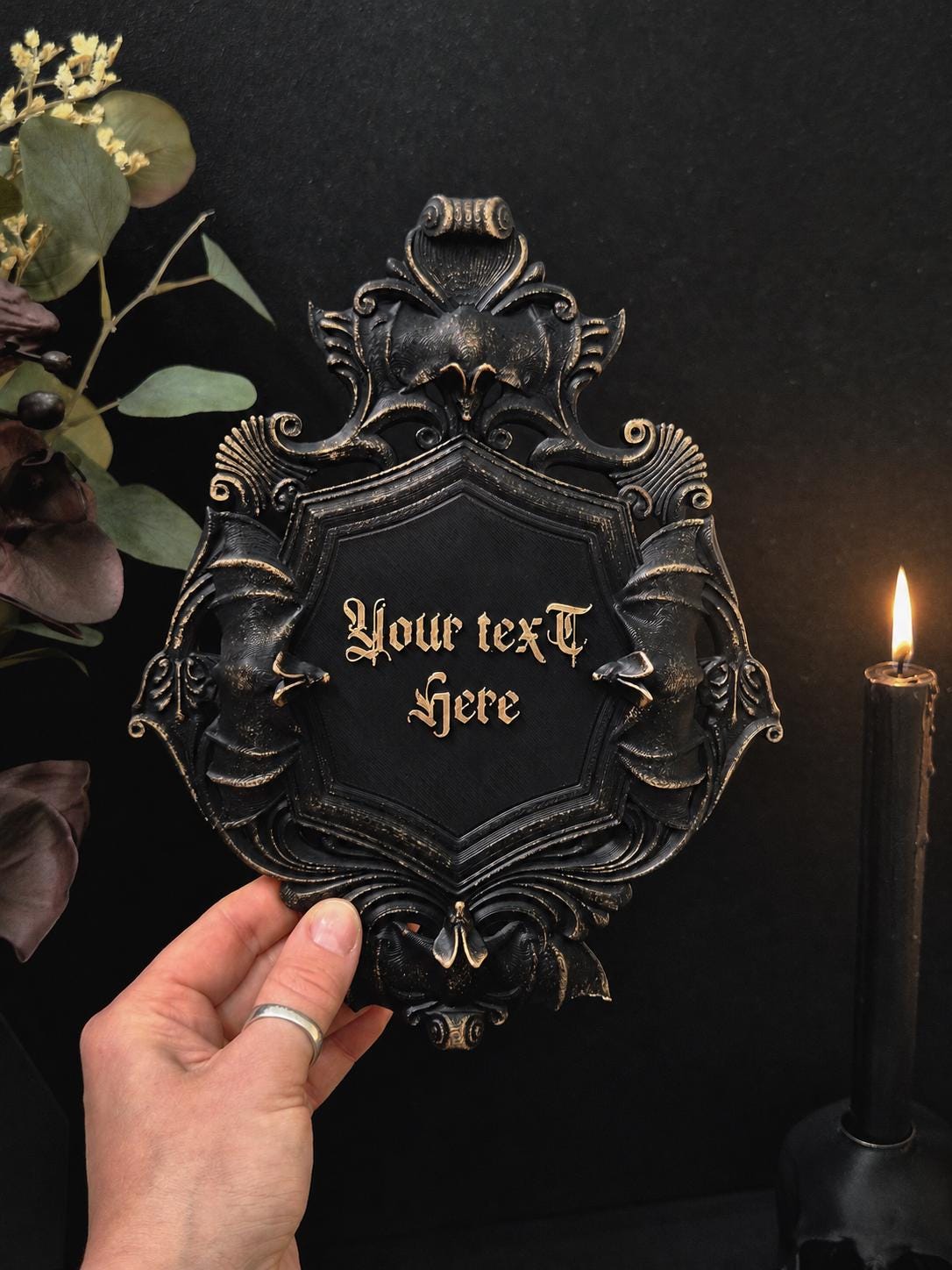 Custom Gothic Wall Plaque, Personalized 3D Printed Dark Home Decor, Victorian Bat Frame, Gothic Name Sign, Goth Gift