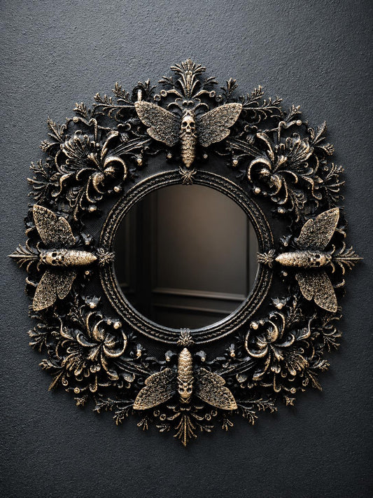 Gothic Death Moth Mirror, Real Glass Black Baroque Wall Mirror, 3D Printed Victorian Gothic Decor, Small Ornate Mirror