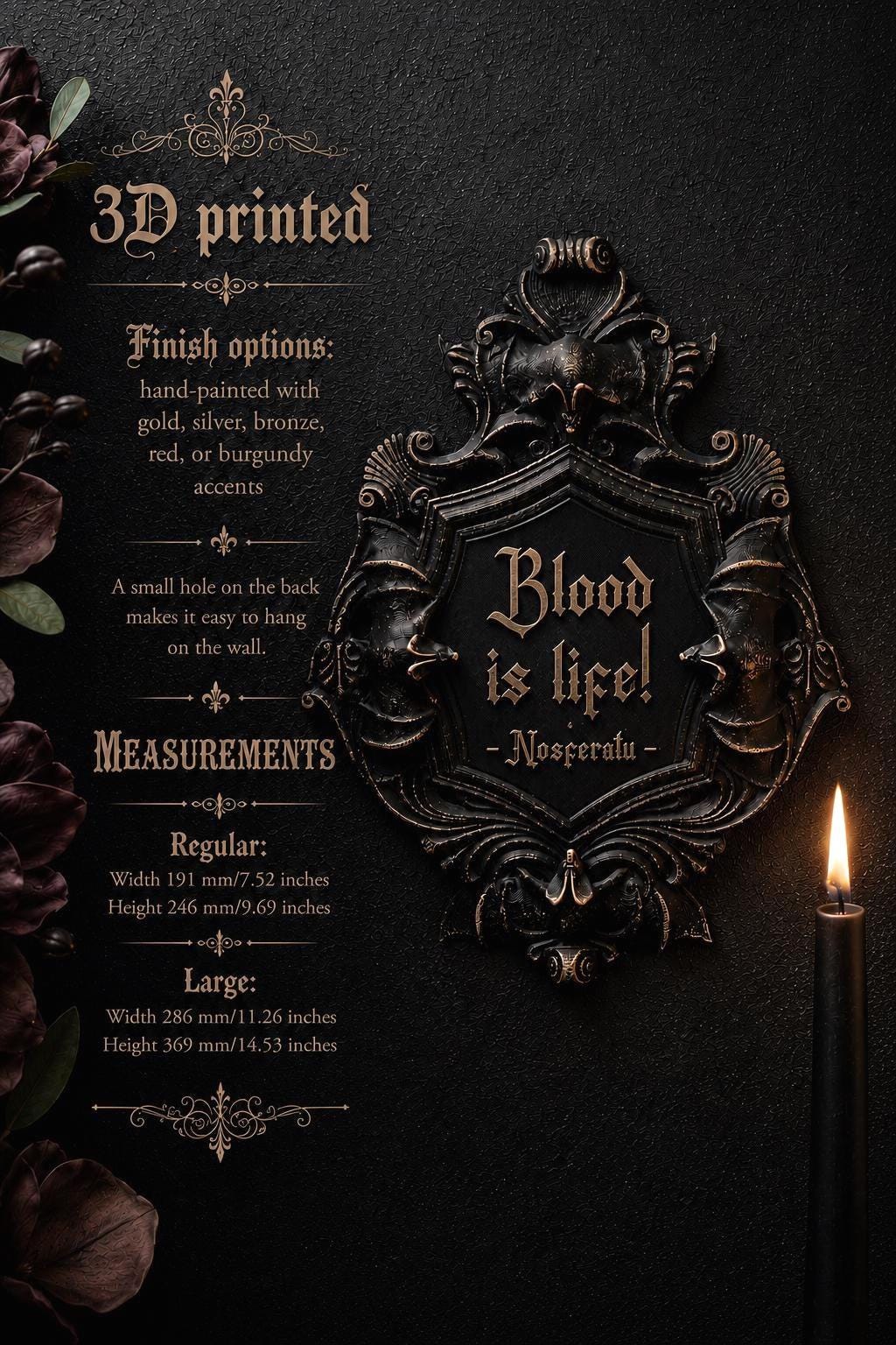 Gothic Wall Nosferatu Plaque | Goth Vampire Bat Art | Victorian Gothic Home Decor | 3D Printed Gothic Wall Sign | Dark Gothic Gallery Wall