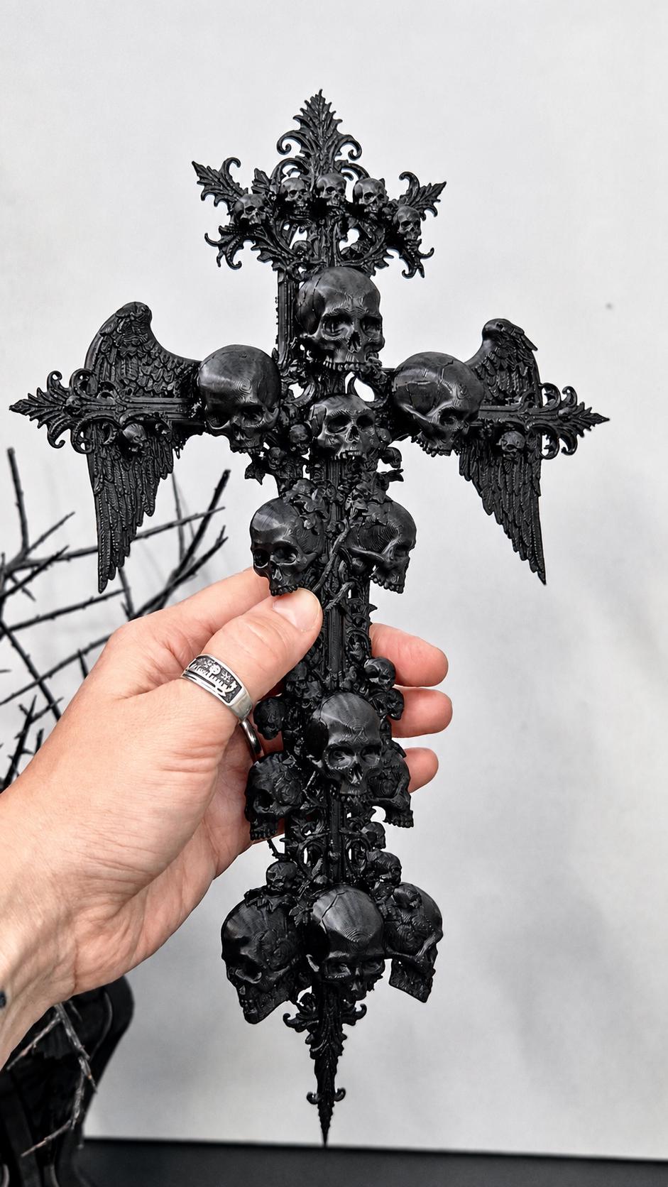 Gothic Skull Cross Wall Decor, 3D Printed Winged Skull Cross, Macabre Gothic Wall Art, Dark Academia Decor, Oddities Gift
