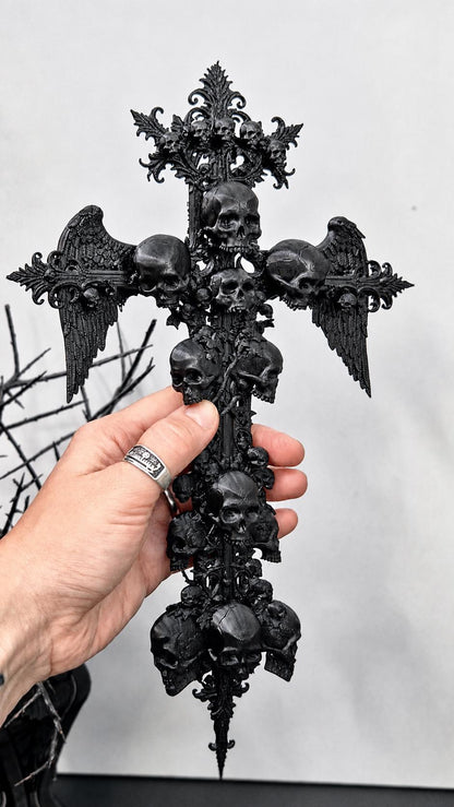 Gothic Skull Cross Wall Decor, 3D Printed Winged Skull Cross, Macabre Gothic Wall Art, Dark Academia Decor, Oddities Gift