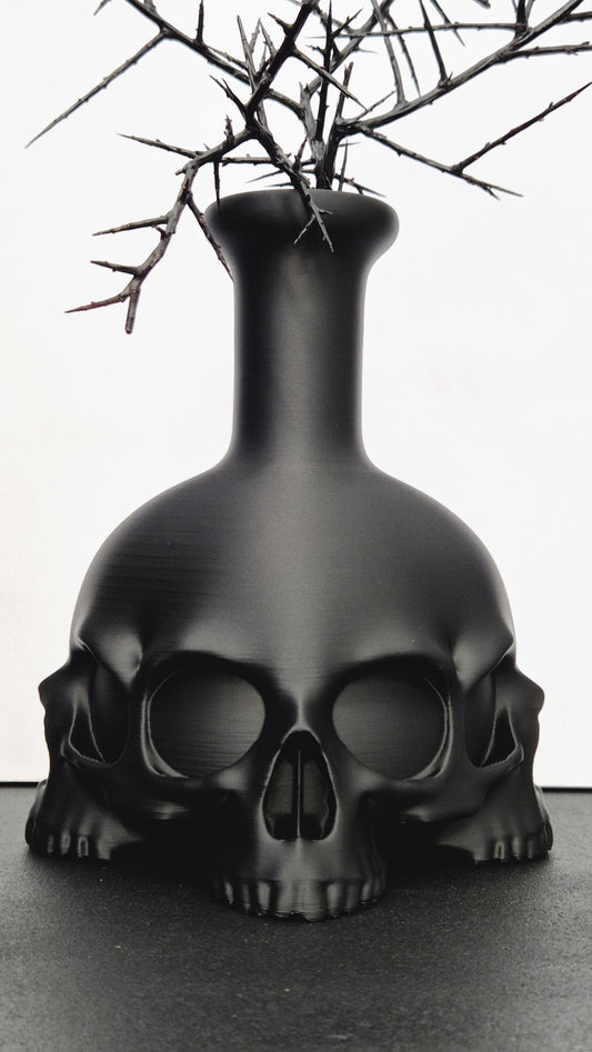 May include: A matte black vase shaped like a skull, with a long neck and a wide base. The vase holds a bundle of dark, thorny branches. The skull design features prominent eye sockets and a detailed nose and jaw.
