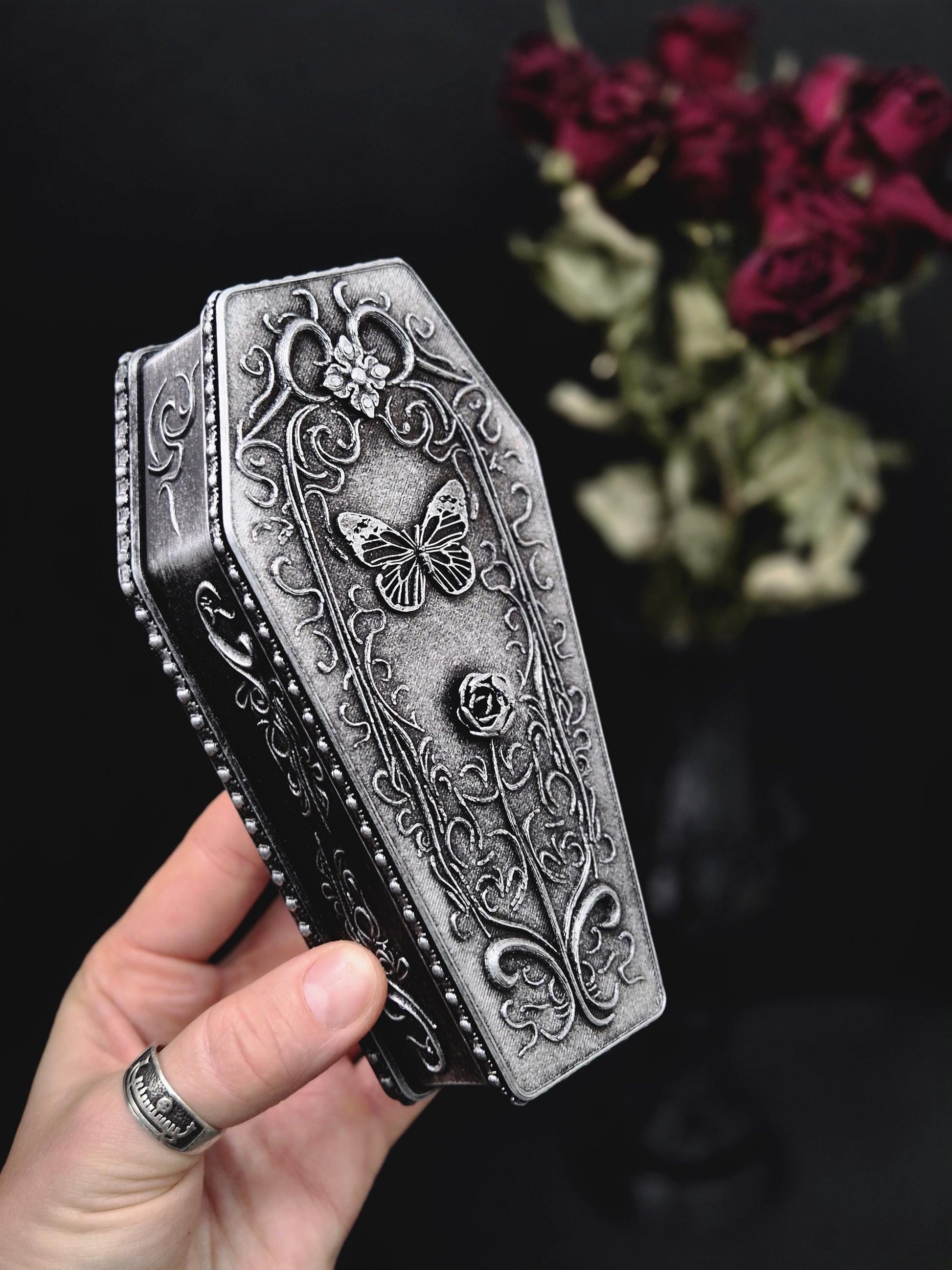 Gothic Coffin Jewelry Box, 3D Printed Butterfly Trinket Box, Moth Coffin Decor, Victorian Gothic Storage Box, Witchy Home Decor