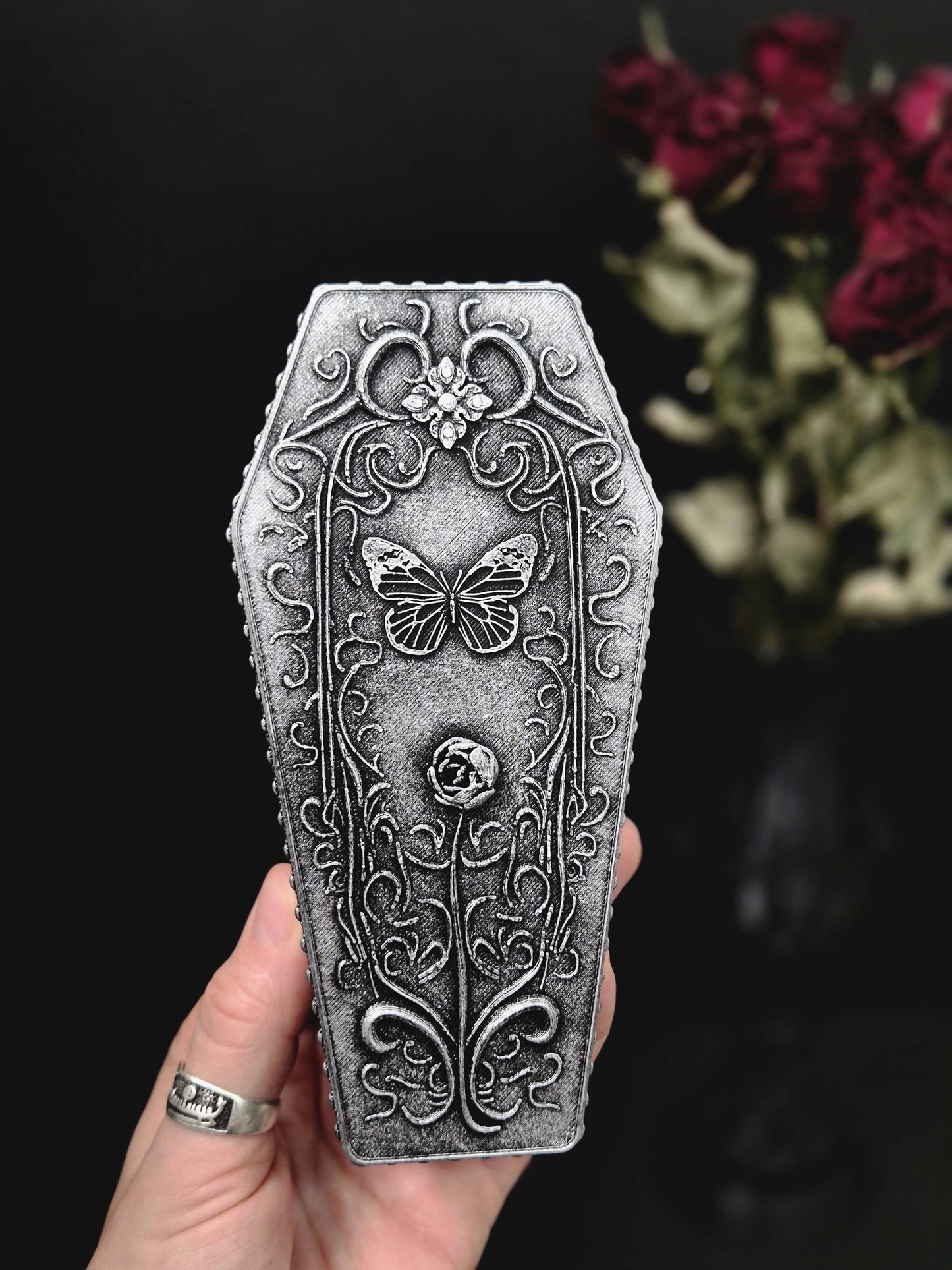 Gothic Coffin Jewelry Box, 3D Printed Butterfly Trinket Box, Moth Coffin Decor, Victorian Gothic Storage Box, Witchy Home Decor